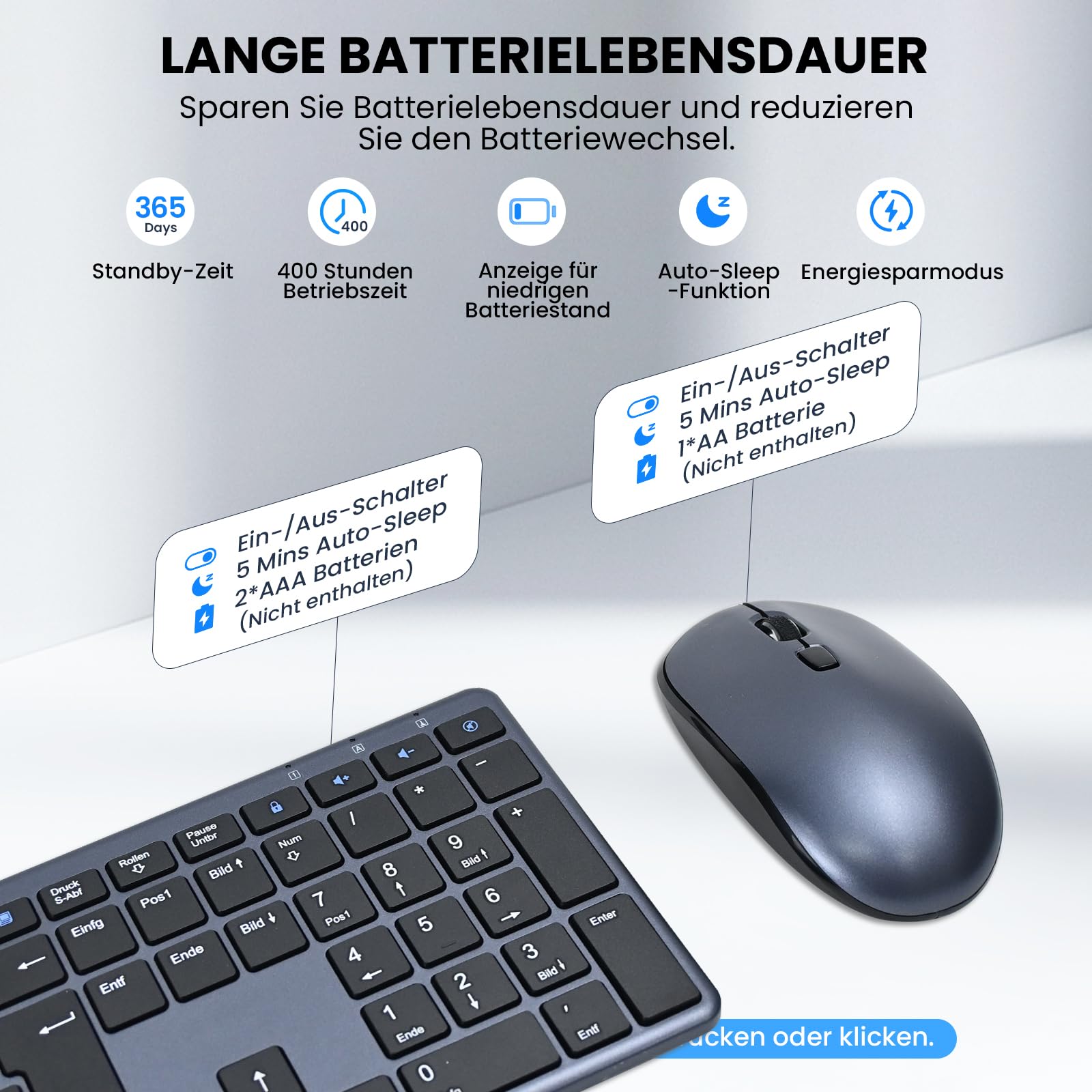 INFINMIND Tastatur Maus Set Kabellos, Deutsches QWERTZ Layout Funktastatur mit Maus, 19 Multimedia Shortcut-Tasten mit leiser, 2,4-GHz-USB-Flachen Tastatur für Laptops, Smart-TVs, MAC und Windows