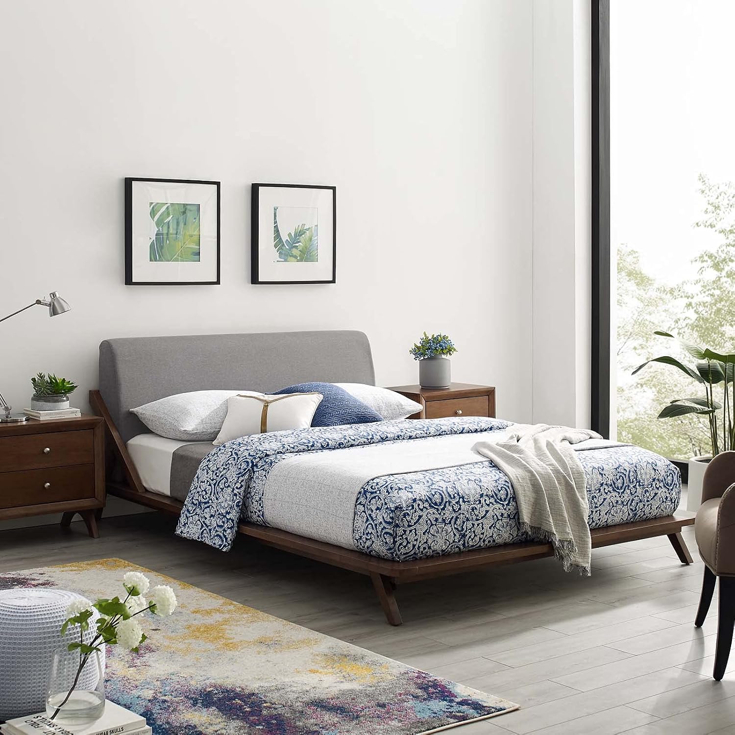 Modway Luella Upholstered Fabric Queen Sled Platform Bed Frame With Headboard In Walnut Light Gray