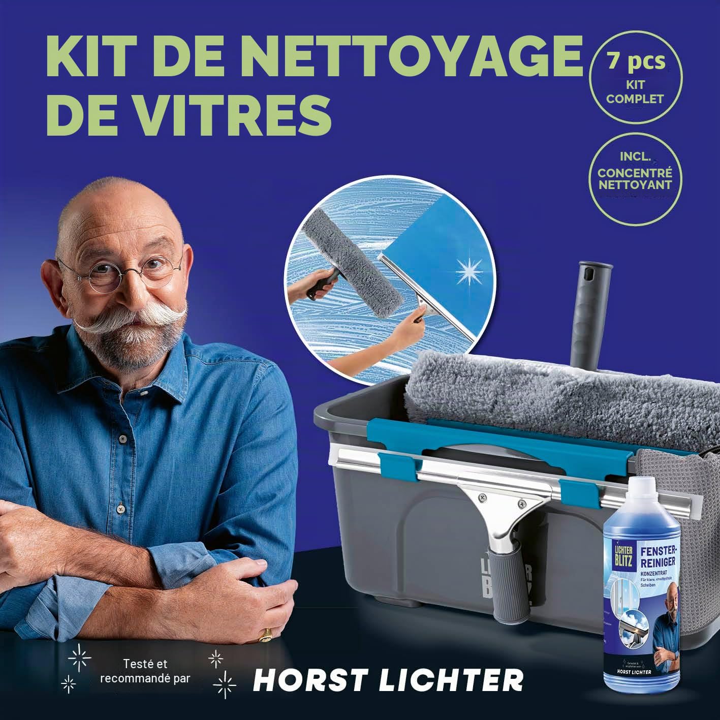 Set Complet de Nettoyage pour vitres | Nettoyage Professionnel des fenêtres | INCL. raclette pour vitres, Seau de 12 litres avec Support, raclette, Chiffon, Microfibre et Produit