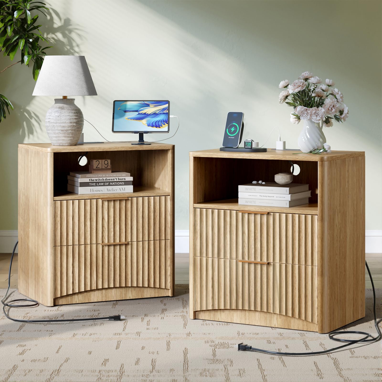 Evermagin Fluted Nightstand Set of 2 with Charging Station, Natural Oak