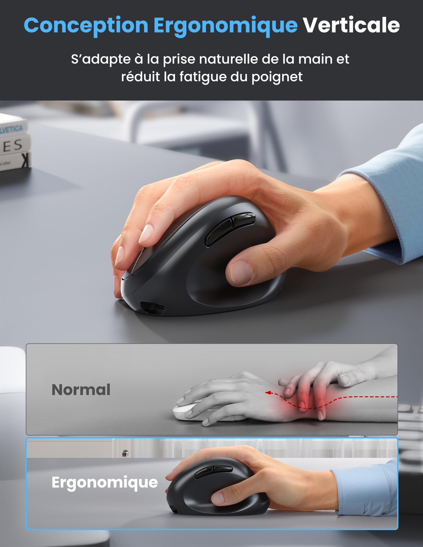 TECKNET Souris Ergonomique sans Fil Bluetooth avec Connectivité 3-Mode (BT5.0/3.0+2.4G), Souris sans Fil Rechargeable, 4800 DPI, Souris Silencieuse Verticale pour PC, iPad, Mac, Windows(Noir)