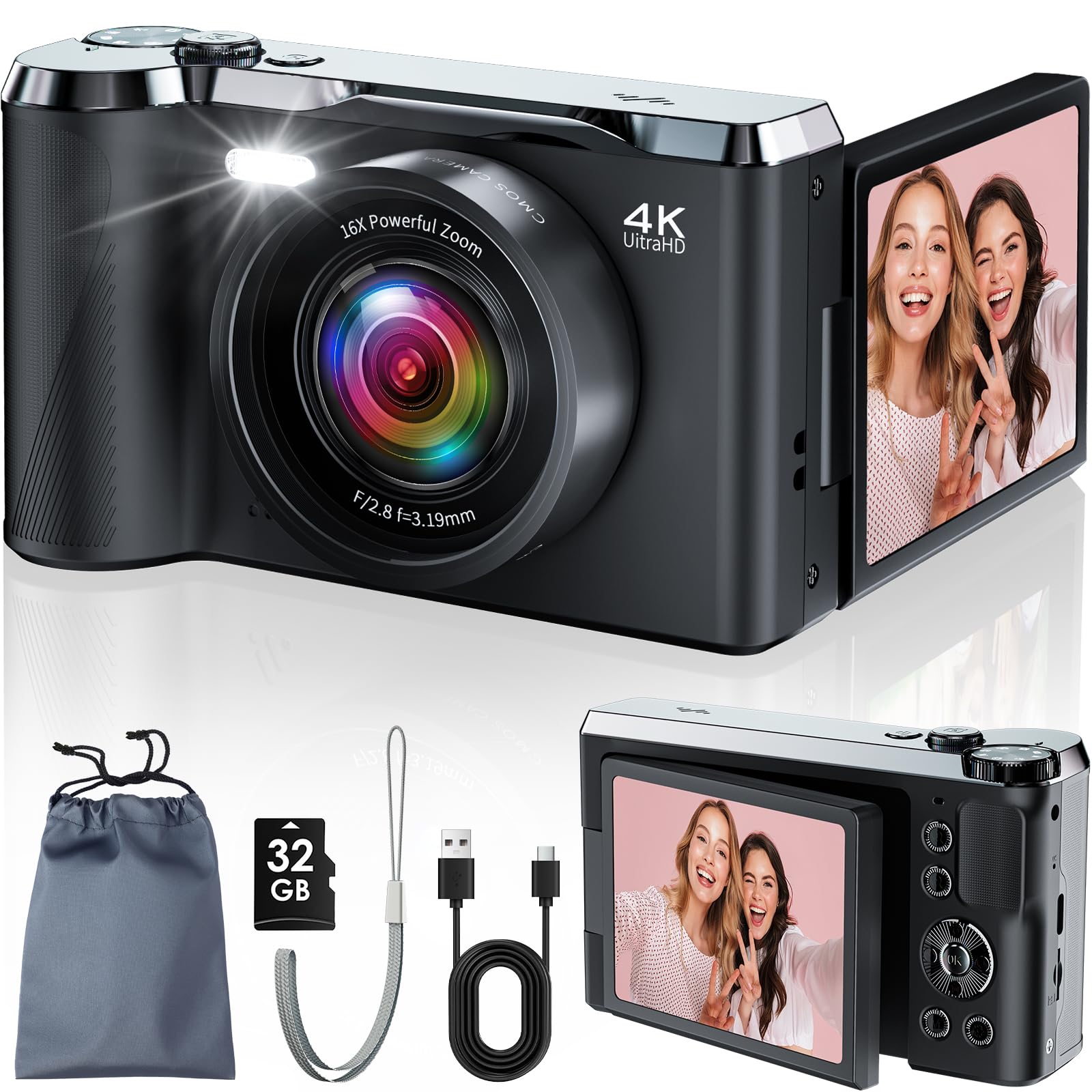 Macchina Fotografica Digitale, JDZ 4K Fotocamera Digitale 16X, Fotocamera Compatta, Scheda da 32GB, Digital Camera per Principianti e Adolescenti-Regalo di San Valentino-Nero | Fotocamera Digitale 16X, Fotocamera Compatta, Scheda da 32GB, Digital Camera p