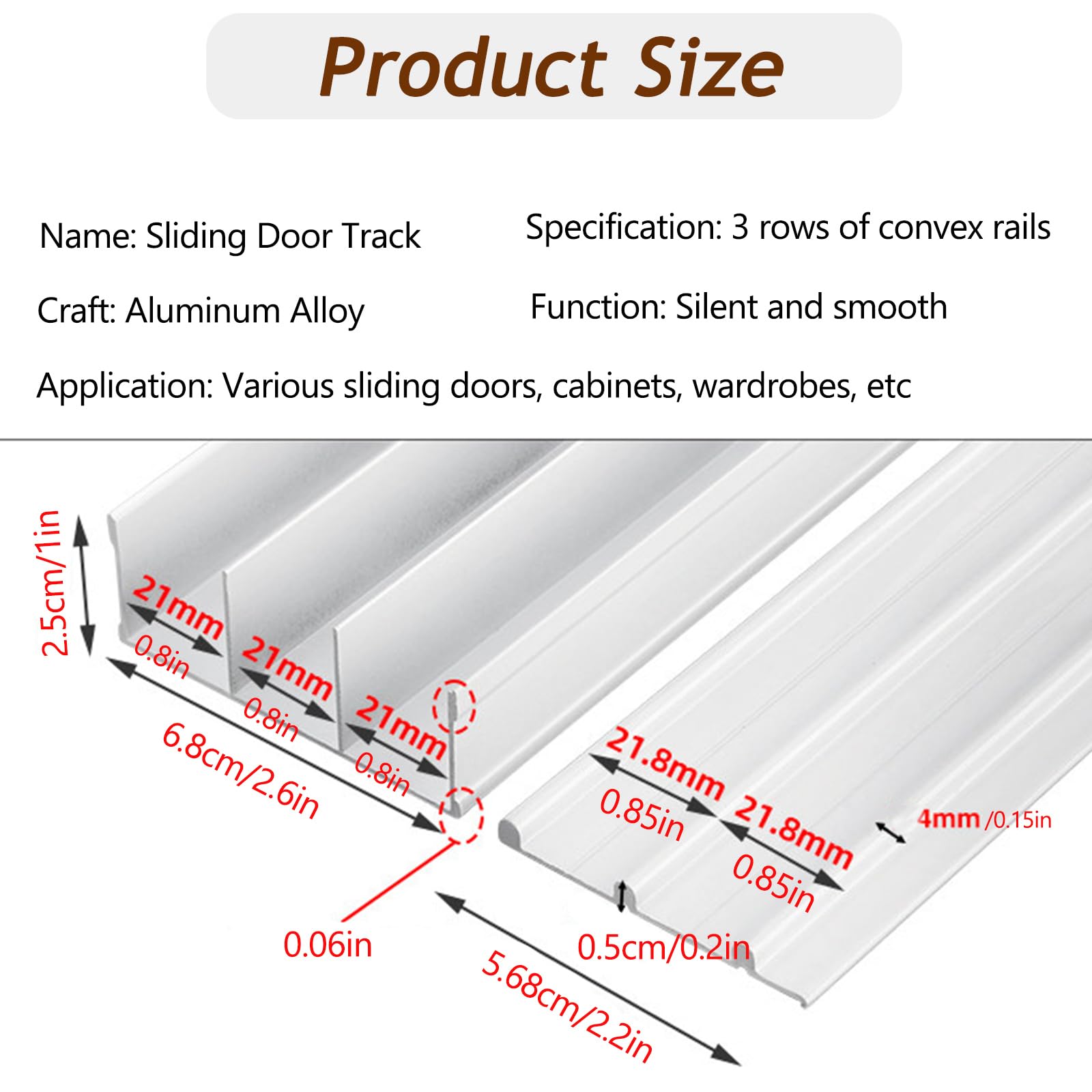 Juego de rieles de 3 rieles para puerta corredera, rieles superiores e inferiores de aleación de aluminio de 72 pulgadas/6 pies para puertas de armario y armario de deslizamiento suave, kit de