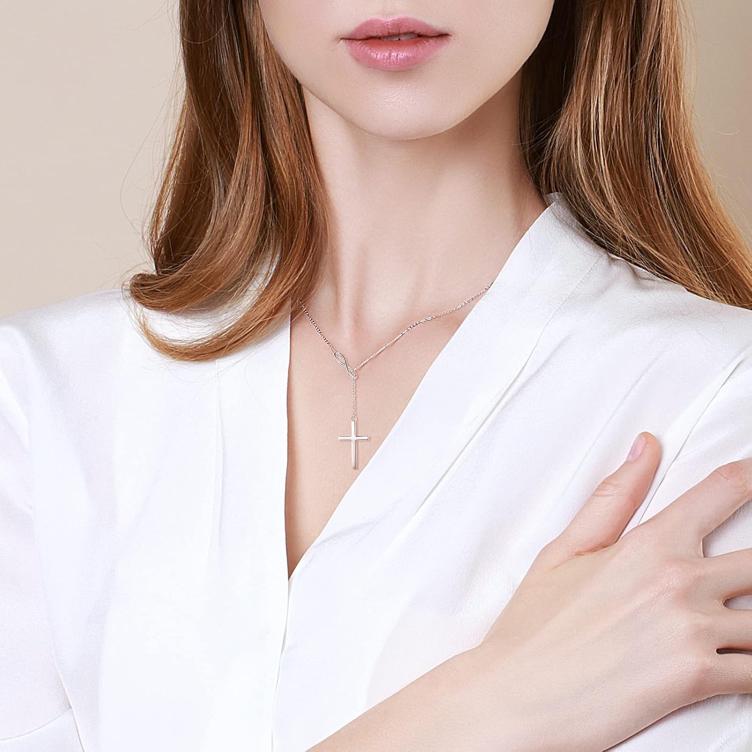 FANCIME White Gold Plated 925 Sterling Silver High Polished Infinity Cross Pendant Lariat Necklace Y Necklace Gift for Women, 18" - Image 2