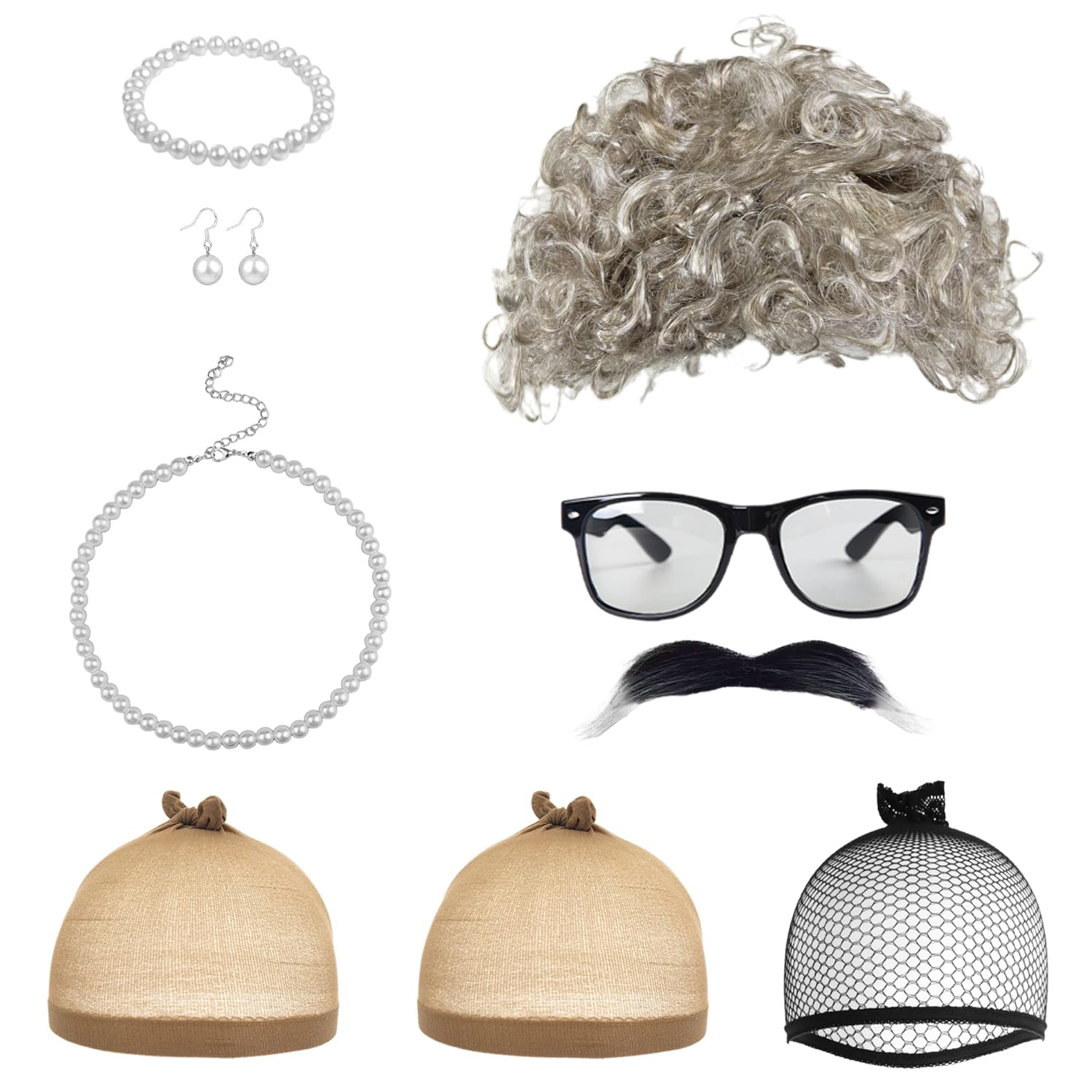 TVSVKWE 1 Wig, 1 Hair Net, 1 Necklace, 1 Earrings, 1 Pair Of Glasses And 1 Beard, Role-Playing Props, Performance Props.