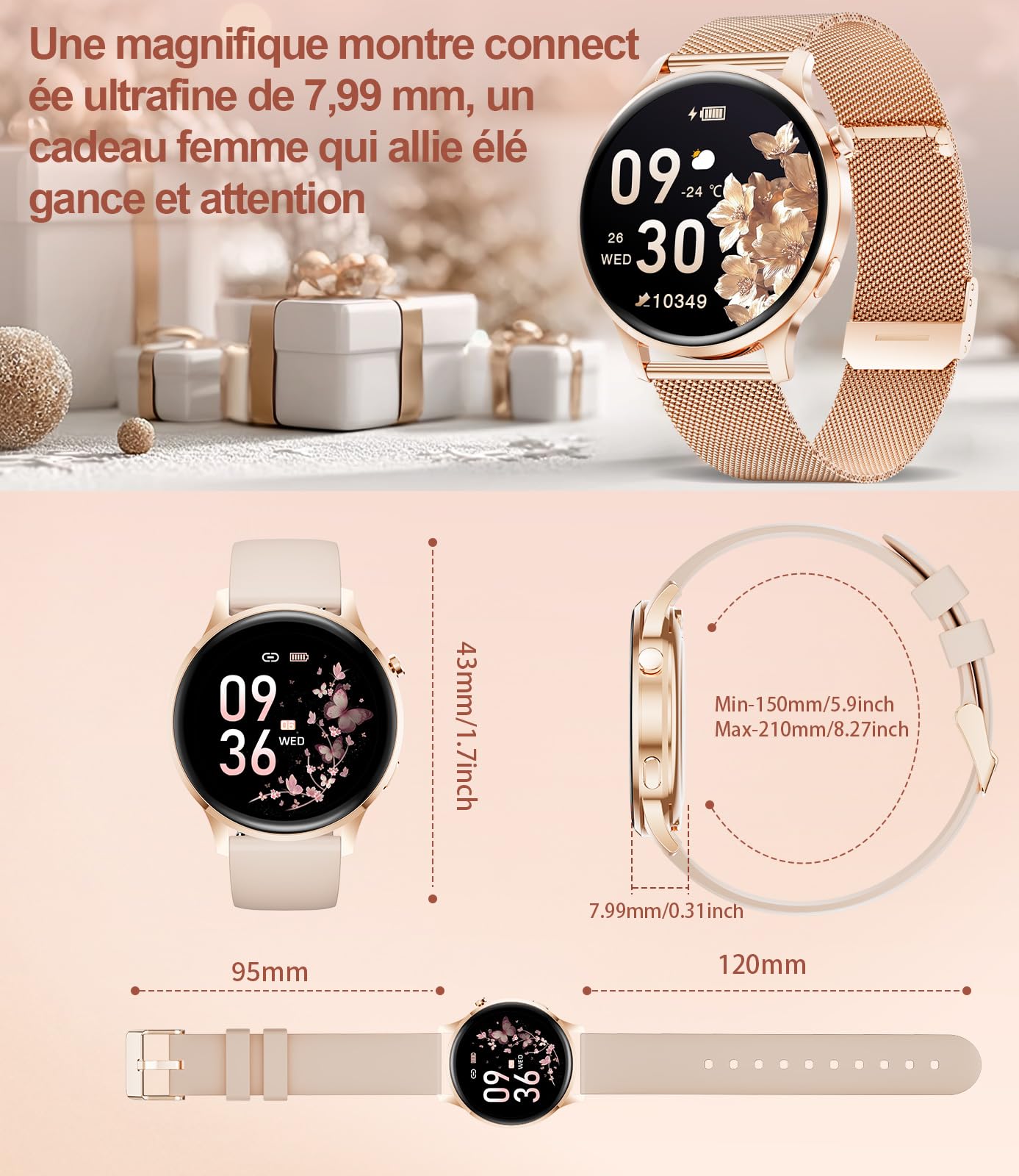 Montre Connectée Femme Ronde, Smartwatch Femme Ultrafin 7,99 mm 1,32" Écran Clair Appel Bluetooth, Montre Intelligente Santé Féminine Fréquence Cardiaque SpO2 Fitness Podomètre (Or Rose)