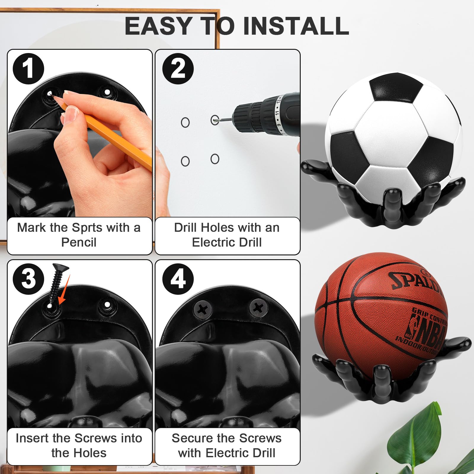 POFIBO Supporto da parete – 2 scaffali portaoggetti a mano per palline, supporto creativo per palloni, supporto da parete per pallacanestro, pallavolo, calcio