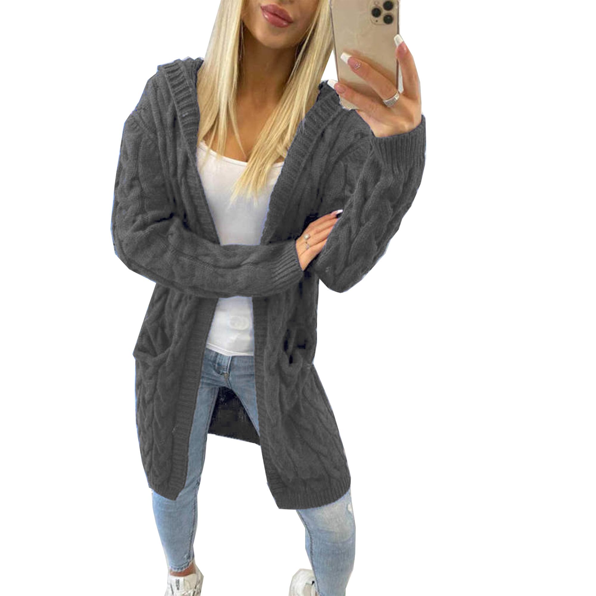 Hooded Chunky Cable Knit Cardigan Long Warm Winter Hood Open Front (Charcoal Grey)