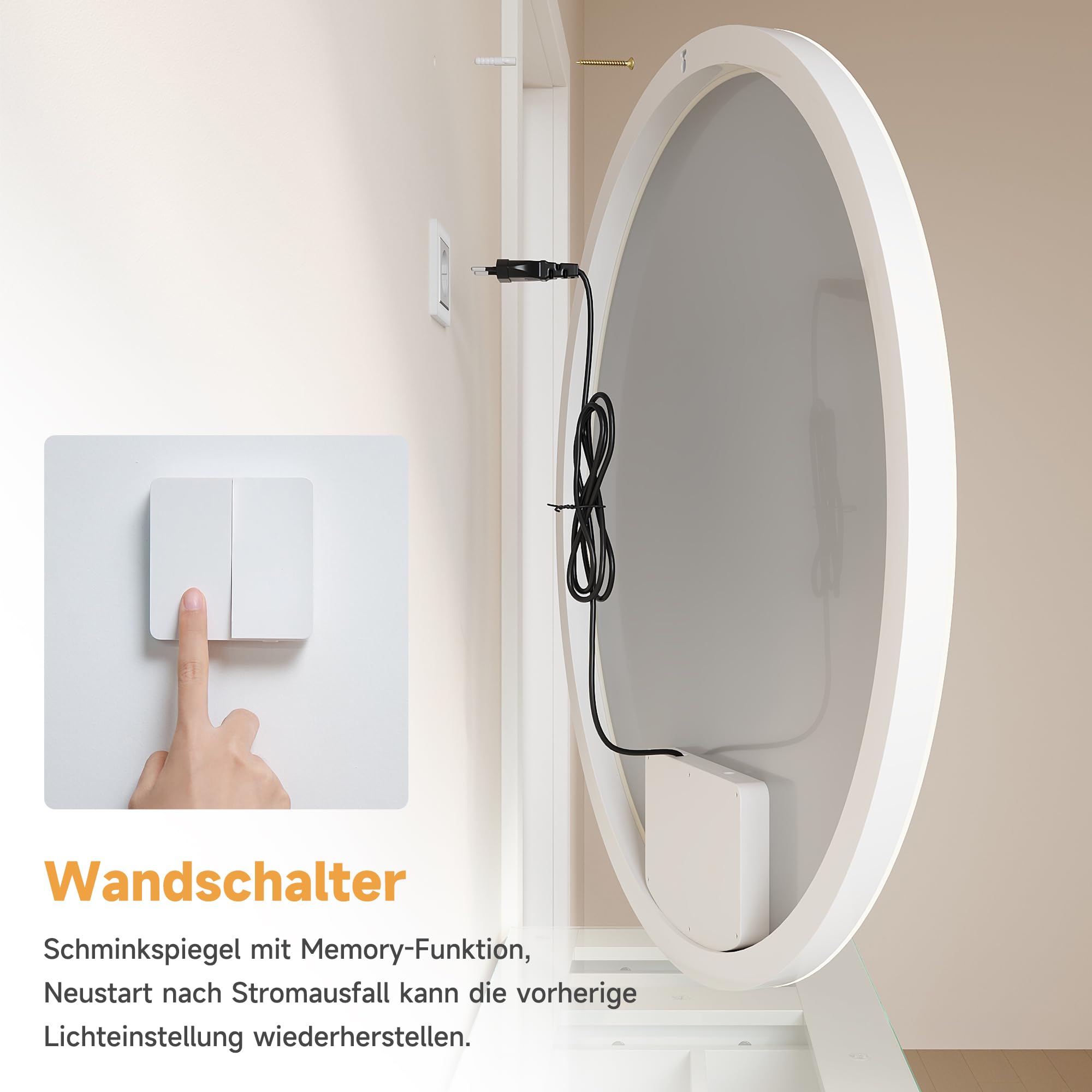Schminkspiegel mit Beleuchtung Runder 80cm, LED Tischspiegel mit 3 Farbe modi dimmbar, Kosmetikspiegel mit Touchschalter und Steckdose, Abnehmbarer Standfuß, Wandmontage oder Tisch montiert