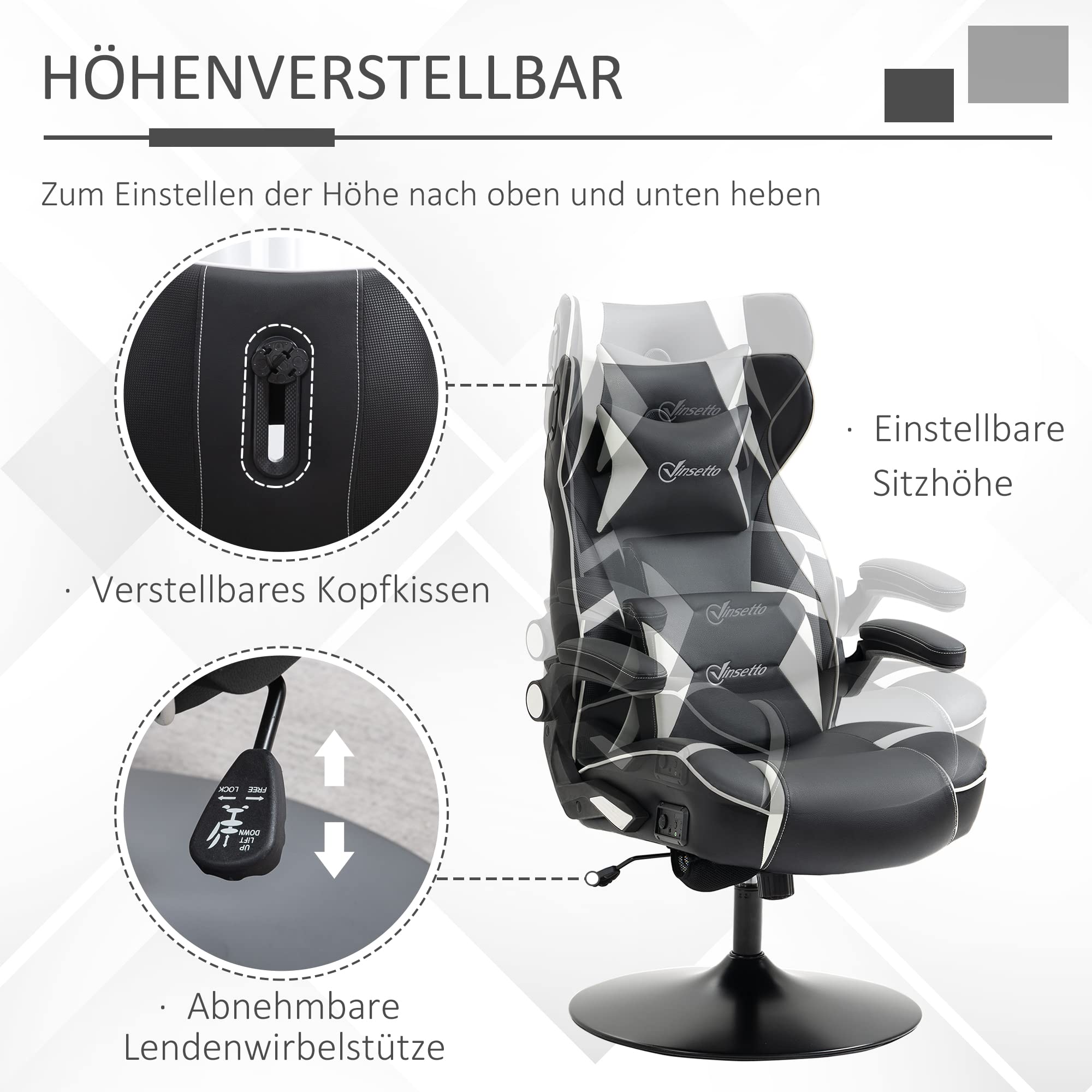 Vinsetto Sedia da gioco con funzione basculante, sedia da ufficio regolabile in altezza, sedia ergonomica per computer con altoparlante, supporto lombare e collo per sala giochi, ecopelle bianco+nero