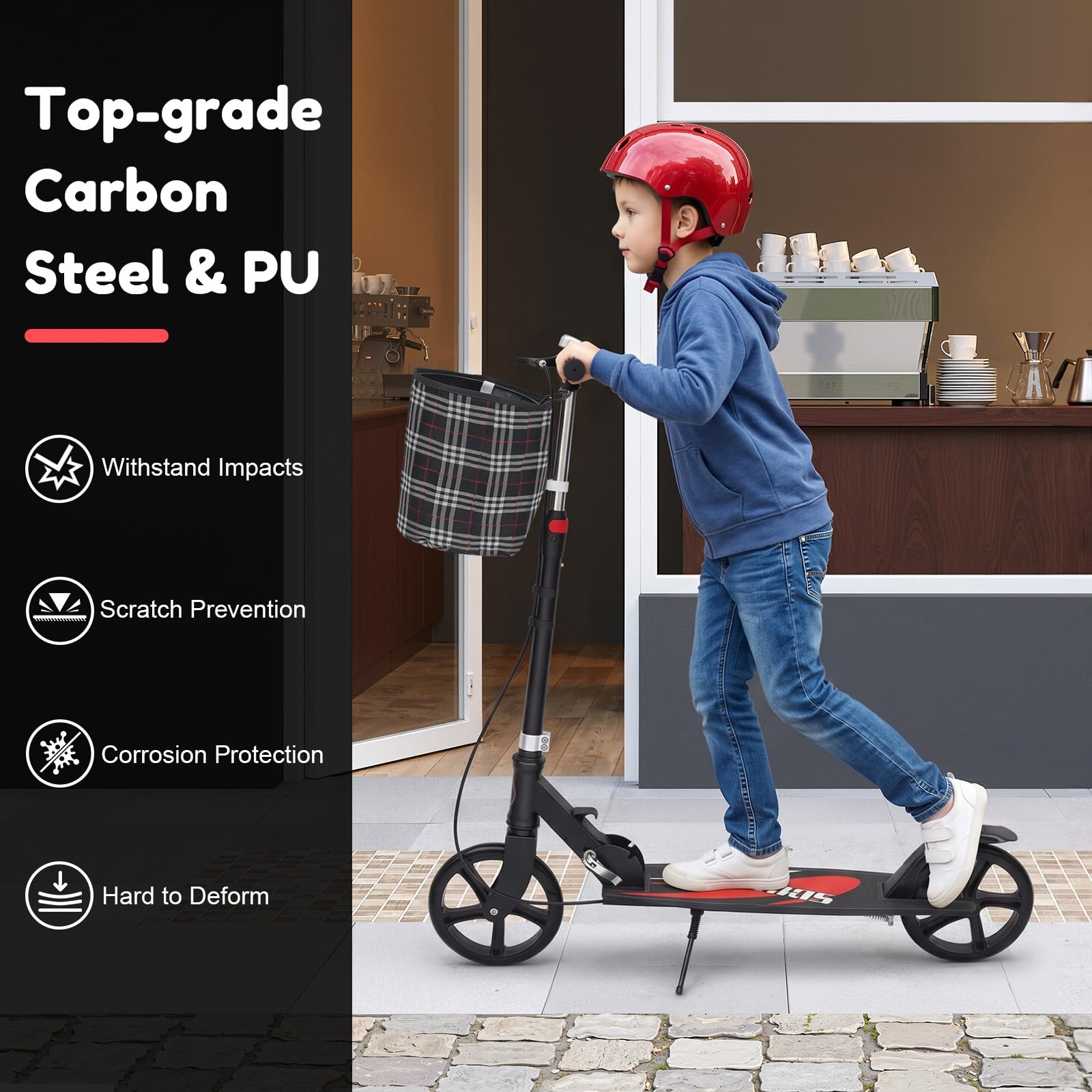 Patinete de ciudad plegable con cesta de almacenamiento y soporte de seguridad, patinete portátil plegable para desplazamientos, compras, capacidad de carga de hasta 150 kg