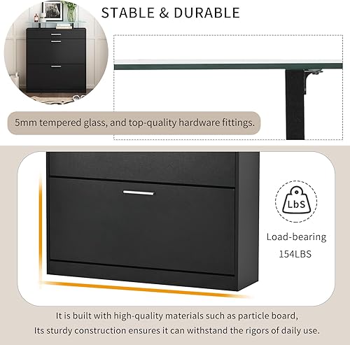 Miniatura 7 de Armario delgado para zapatos con 2 cajones abatibles, armario de almacenamiento de zapatos superior de vidrio templado con cajón, organizador de