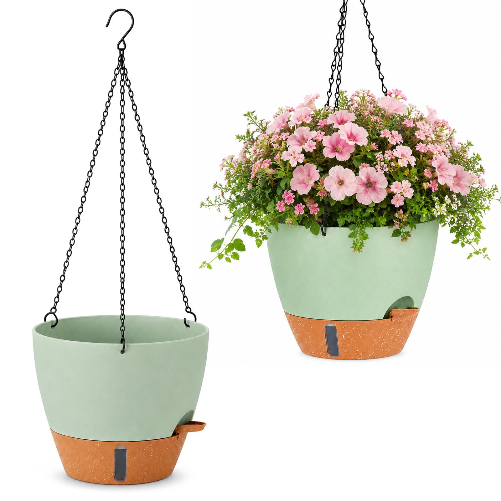 evergoods Self Watering Hanging Planters 25×25×20.5cm – Indoor Outdoor Hanging Baskets with Chains & Hooks, Plastic Hanging Pots with Water Reservoir for Balcony, Garden, Patio Plants (4PCS Green)