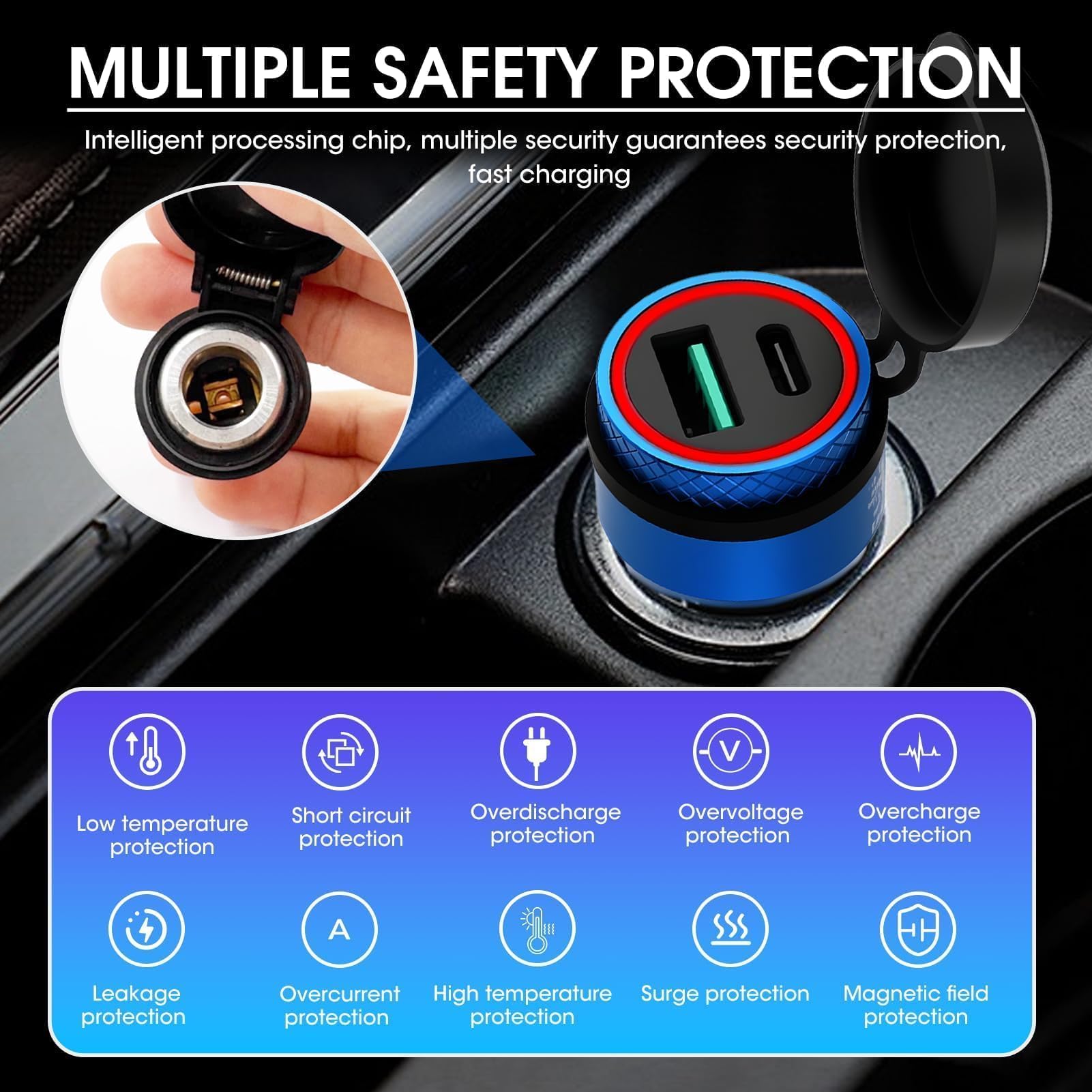 30W Cargador Enchufe DIN para Motocicleta Aluminium Admite Carga Rápida Type C+USB Integra un Indicador LED de Energía a Prueba de Agua para 12V-24V BMW Ducati Triumph