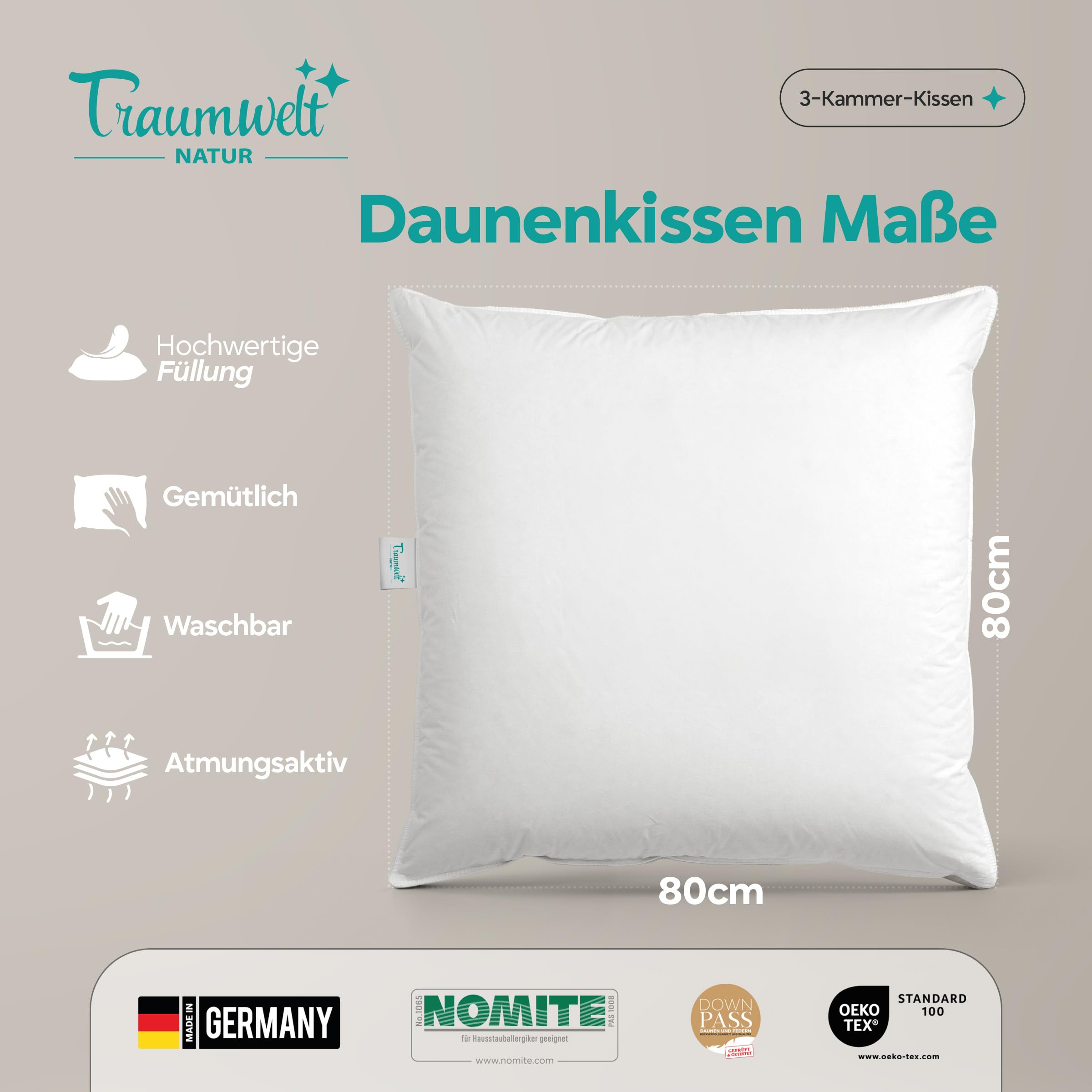 Made in Germany 3-Kammer Daunen Kopfkissen 80x80 cm, weiß, Allergiker geeignet, Öko-Tex 100 Klasse 1 Zertifiziert, Downpass