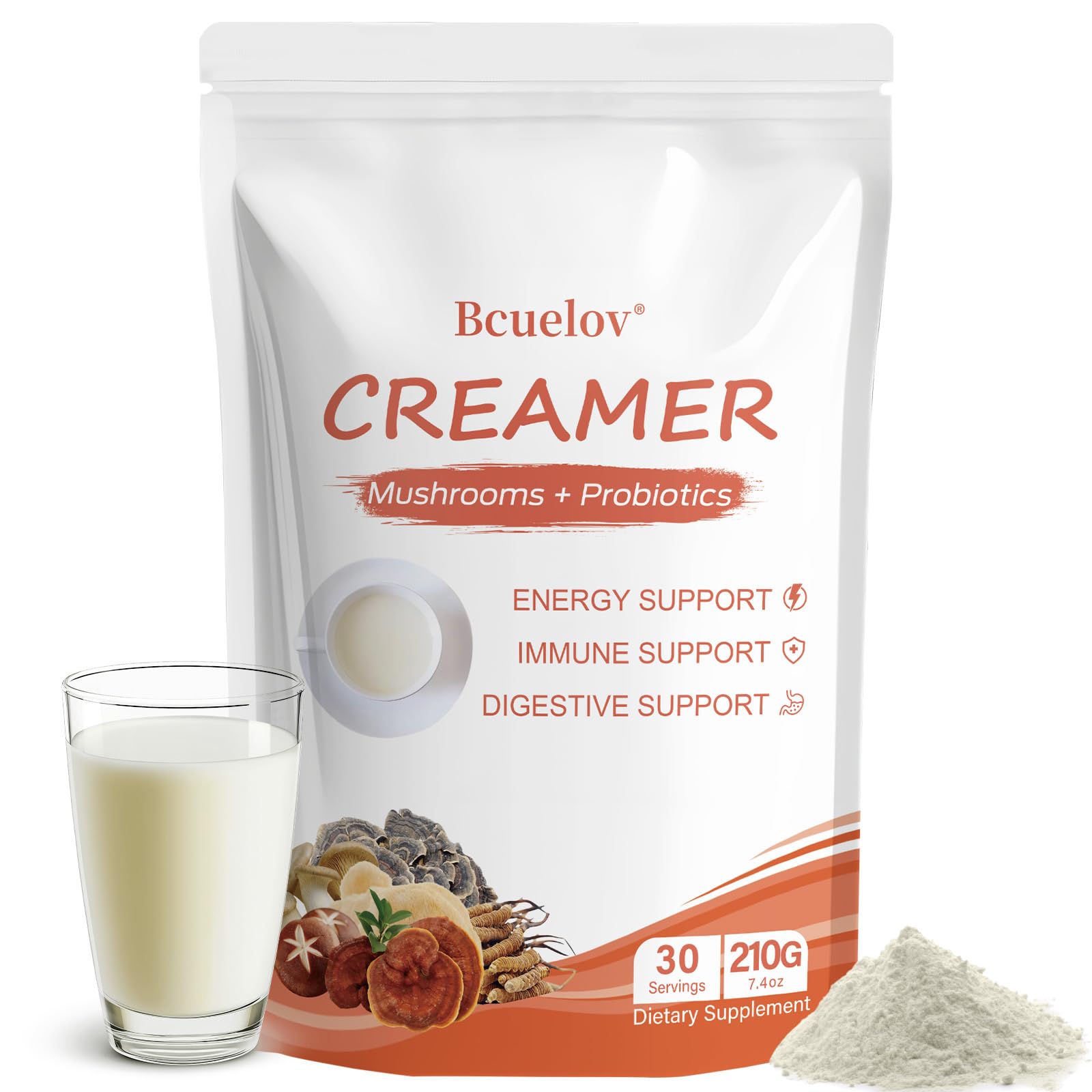 Bcuelov Suplemento em pó para bebidas com 6 cogumelos, probióticos e MCT 2.000 mg por porção, 30 porções, 207,2 g