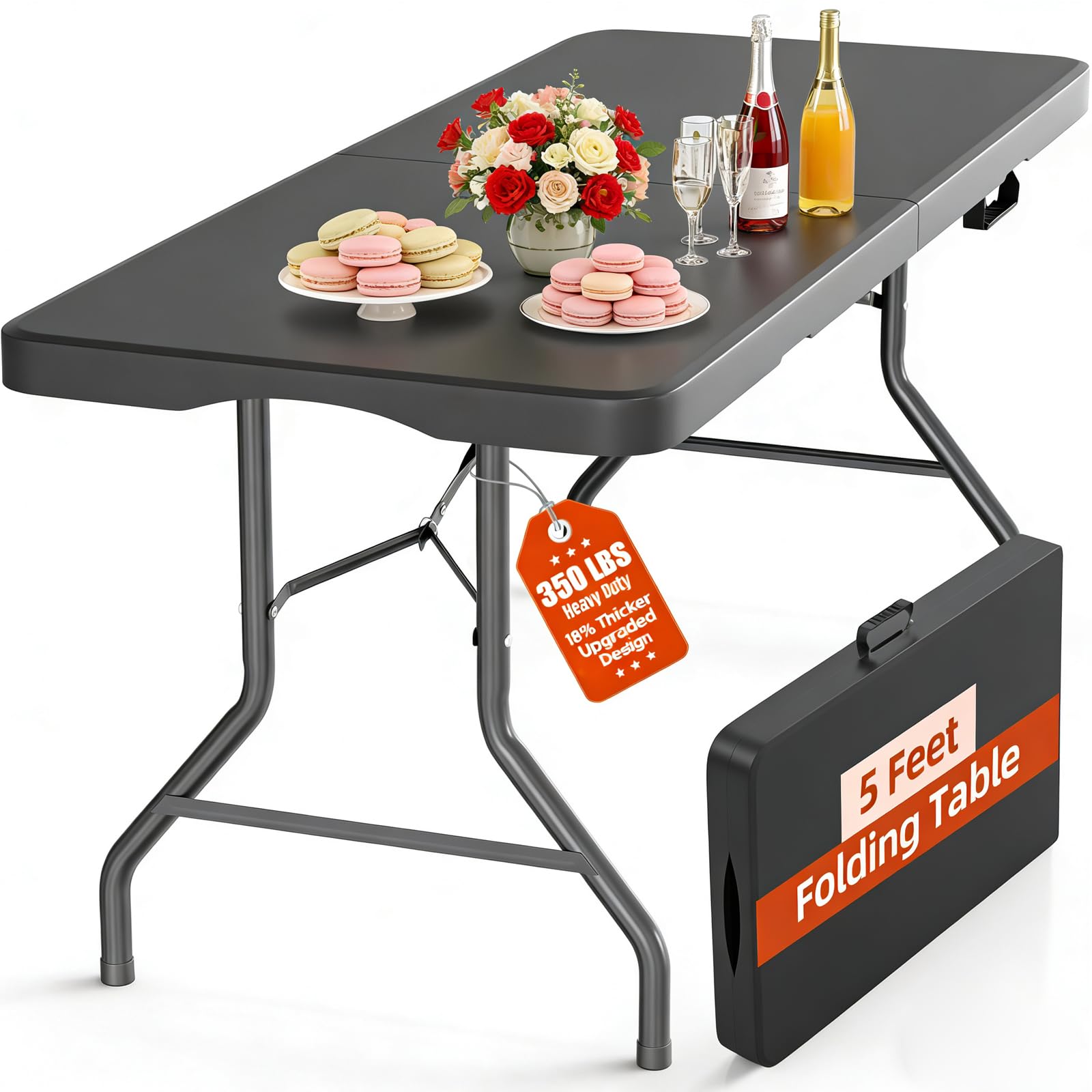 Fenbeli 5 Foot Folding Table with Carrying Handle - Portable Plastic Fold in Half Table with Safety Locks, Heavy Duty Plastic Foldable Table for Party