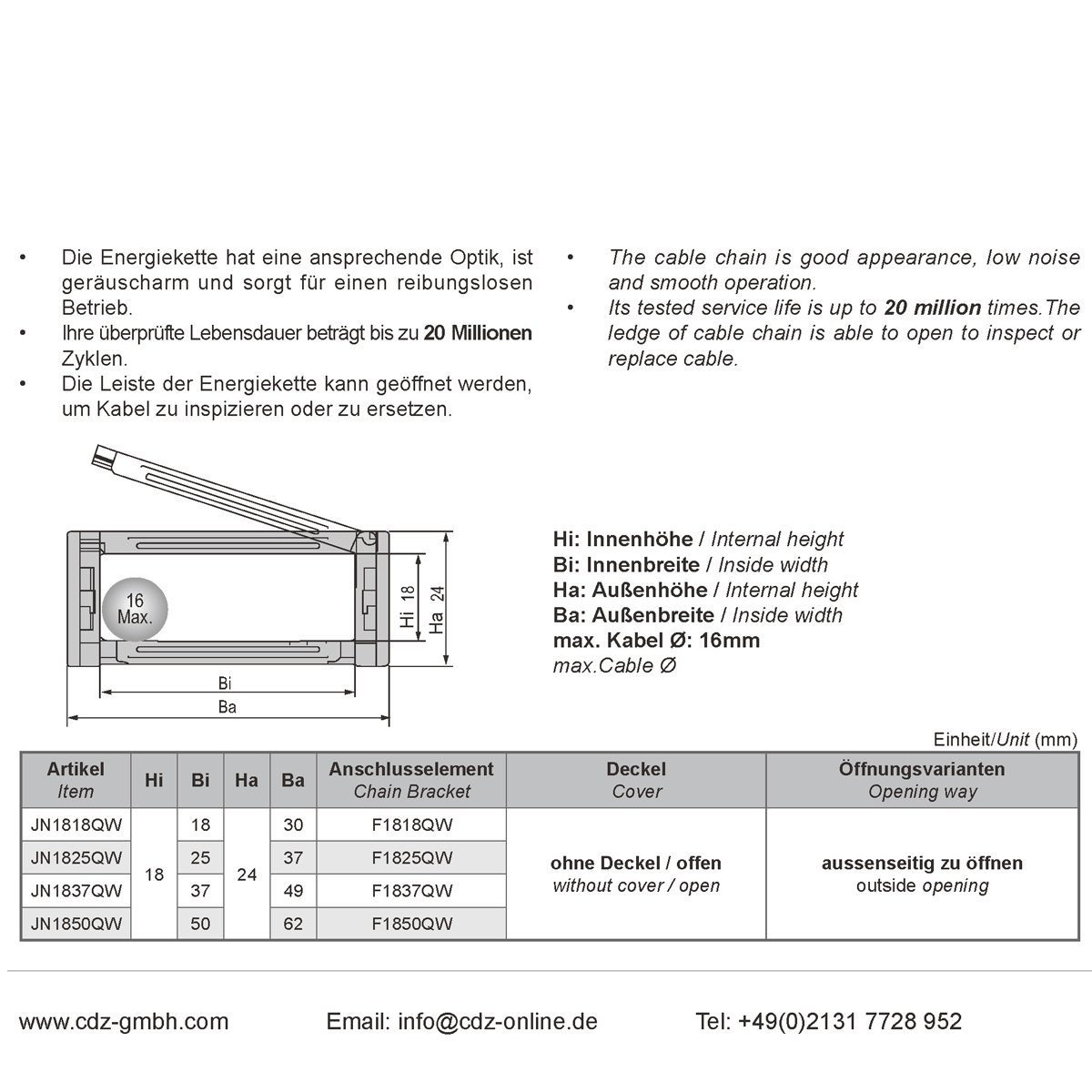 JFLO 1M, Energiekette 18x 25,37,50mm R38 aussenseitig zu öffnen - Schleppkette - Kabelführung inkl. 2 x Anschlusselemente (Mitnehmer und Festpunkt) (JN1825QW)
