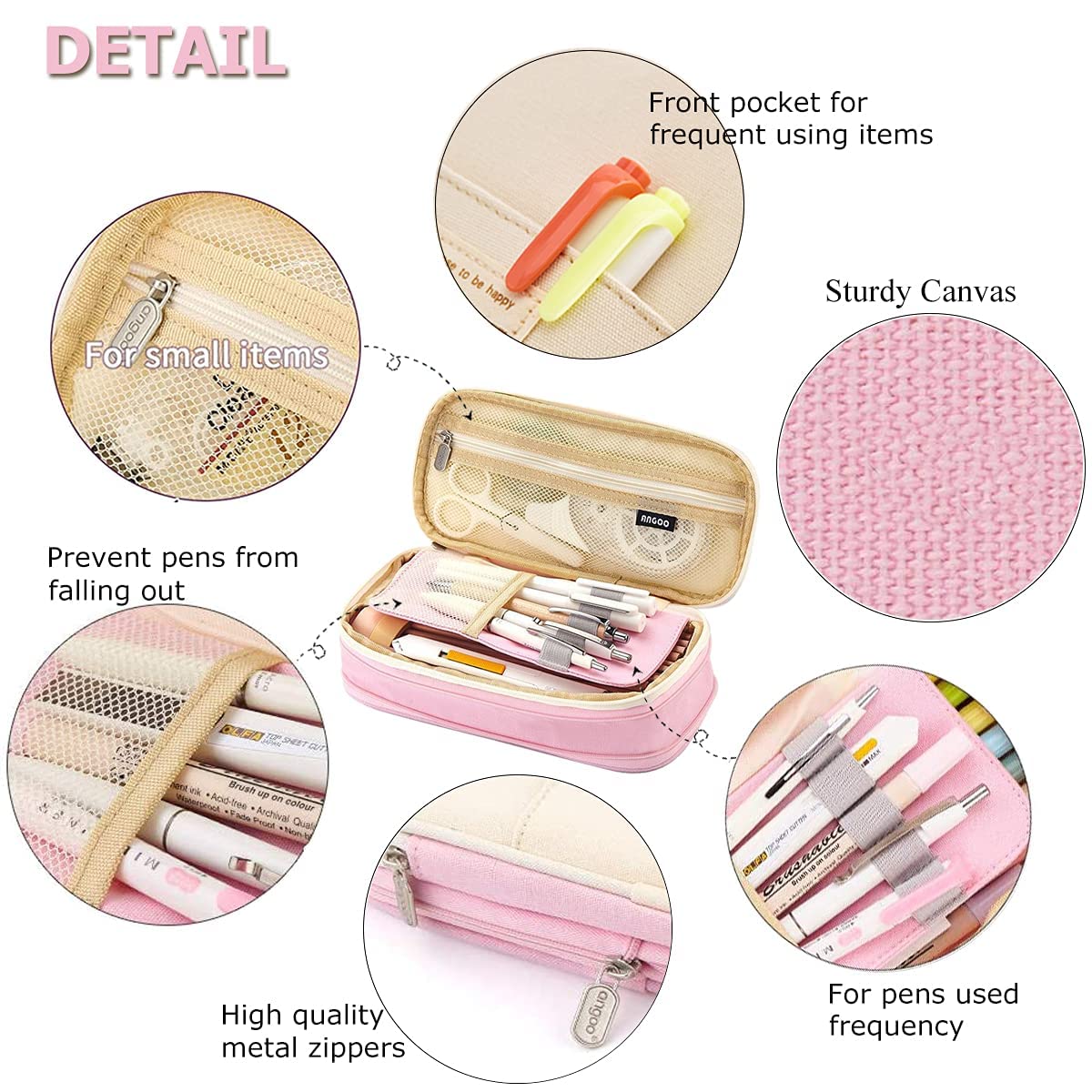 SINGARO Pencil Pouch Durable Canvas Case with Zipper Portable Pen Case for School & Office Supplies, Large Capacity Pack of 1 (Pink) 3