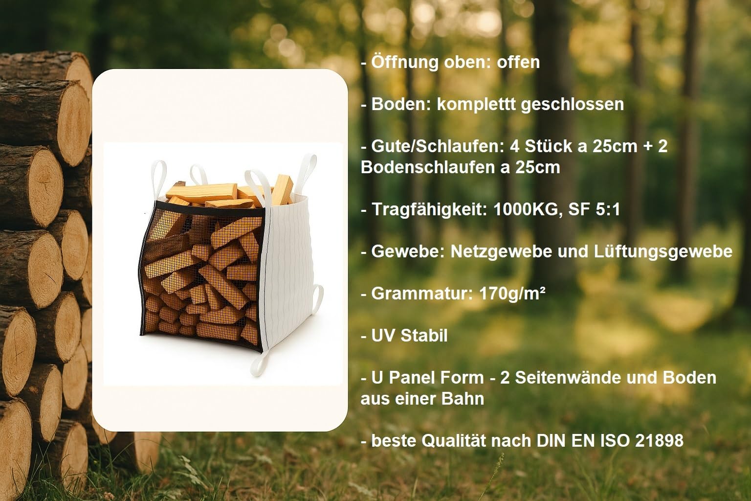 Woodbag Holz Big Bag Netzgewebe und Lüftungsgewebe mit Ventilationsstreifen geschlossener Boden 100x100x120/160cm für Brennholz (ohne Inhalt) (2, 100 x 100 x 120 cm)