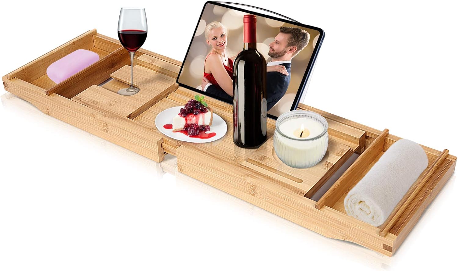 Amazon Com Finnhomy Bathtub Caddy Tray For Luxury Bath Bamboo Bath Tub Table Shower Caddy Expandable Fit 12 9 Inch Ipad Pro With Book Stand And Wine Holder Craft Home Kitchen