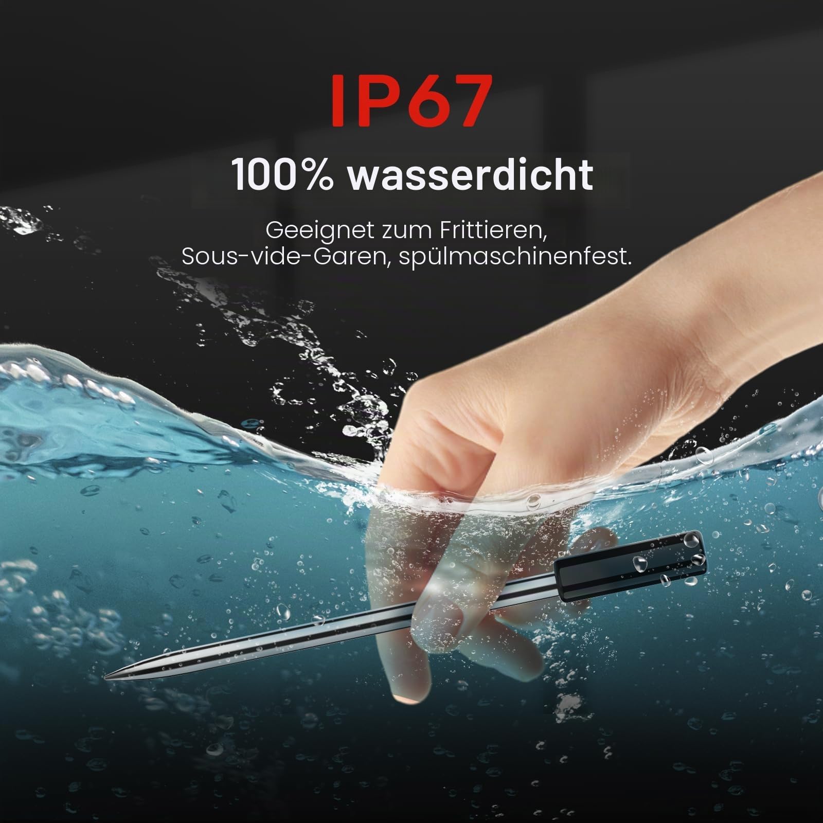 WLAN-Fleischthermometer | Kabellose Sonde mit großer Reichweite für Backofen, Grill, Heißluftfritteuse, BBQ | Doppelsensoren | IP67 wasserdicht