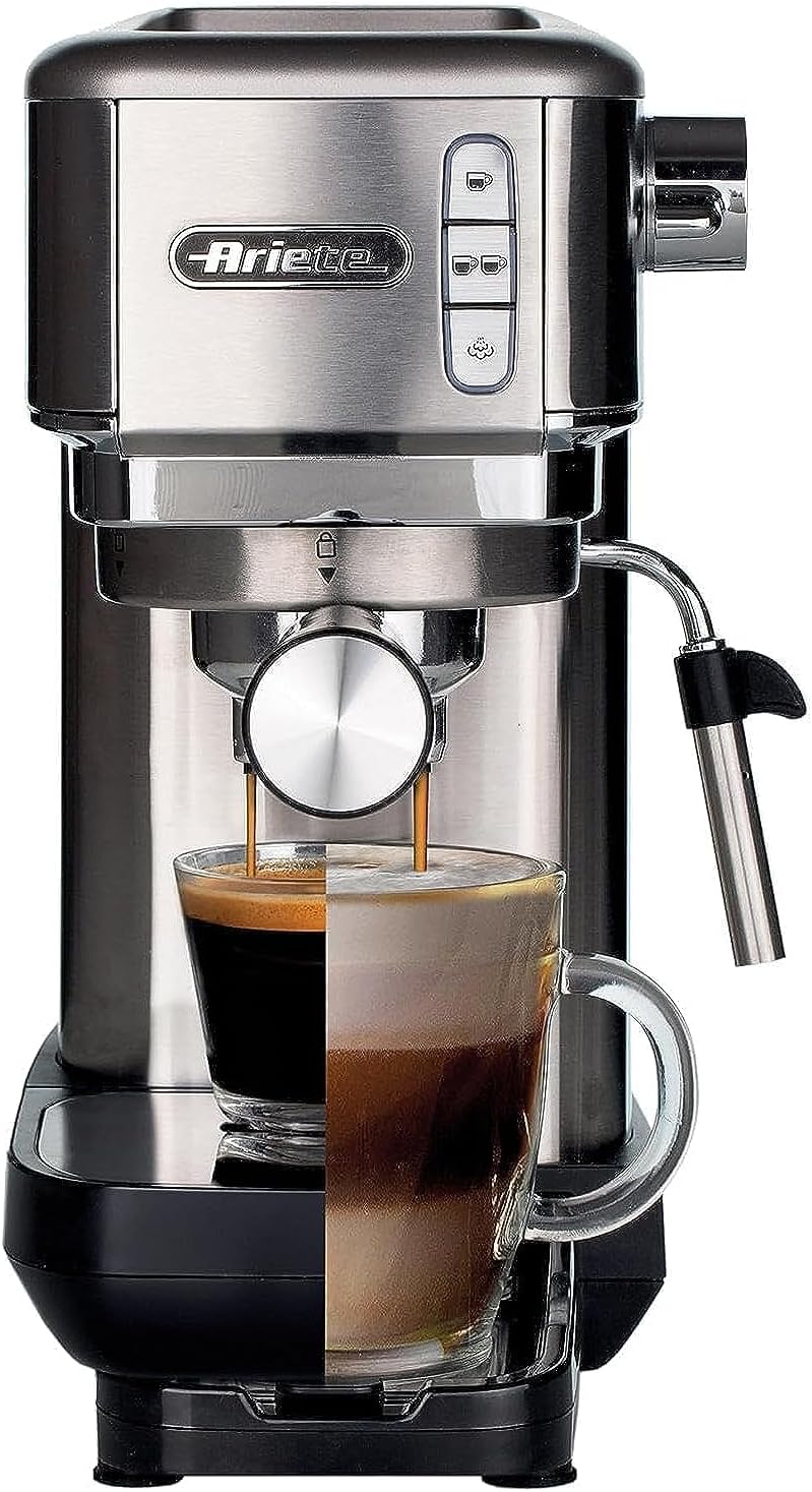 Ariete 1380 Macchina da caffè in metallo, compatibile con caffè in polvere e cialde ESE, 1300 W, Capacità 1,1 L, 15 bar di pressione, Filtro ½ tazze, Dispositivo Cappuccino, Silver Ariete 1380 Macchina da caffè in metallo, compatibile con caffè in polvere e cialde ESE, 1300 W, Capacità 1,1 L, 15 bar di pressione, Filtro ½ tazze, Dispositivo Cappuccino, Silver