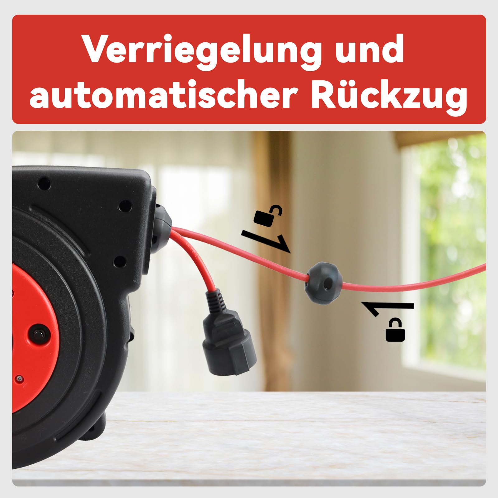 Avvolgicavo 15 m + 2 m, 2300 W, cavo di prolunga montato a parete, avvolgimento automatico, rotazione di 180°, rilevamento TÜV, materiale di installazione incluso