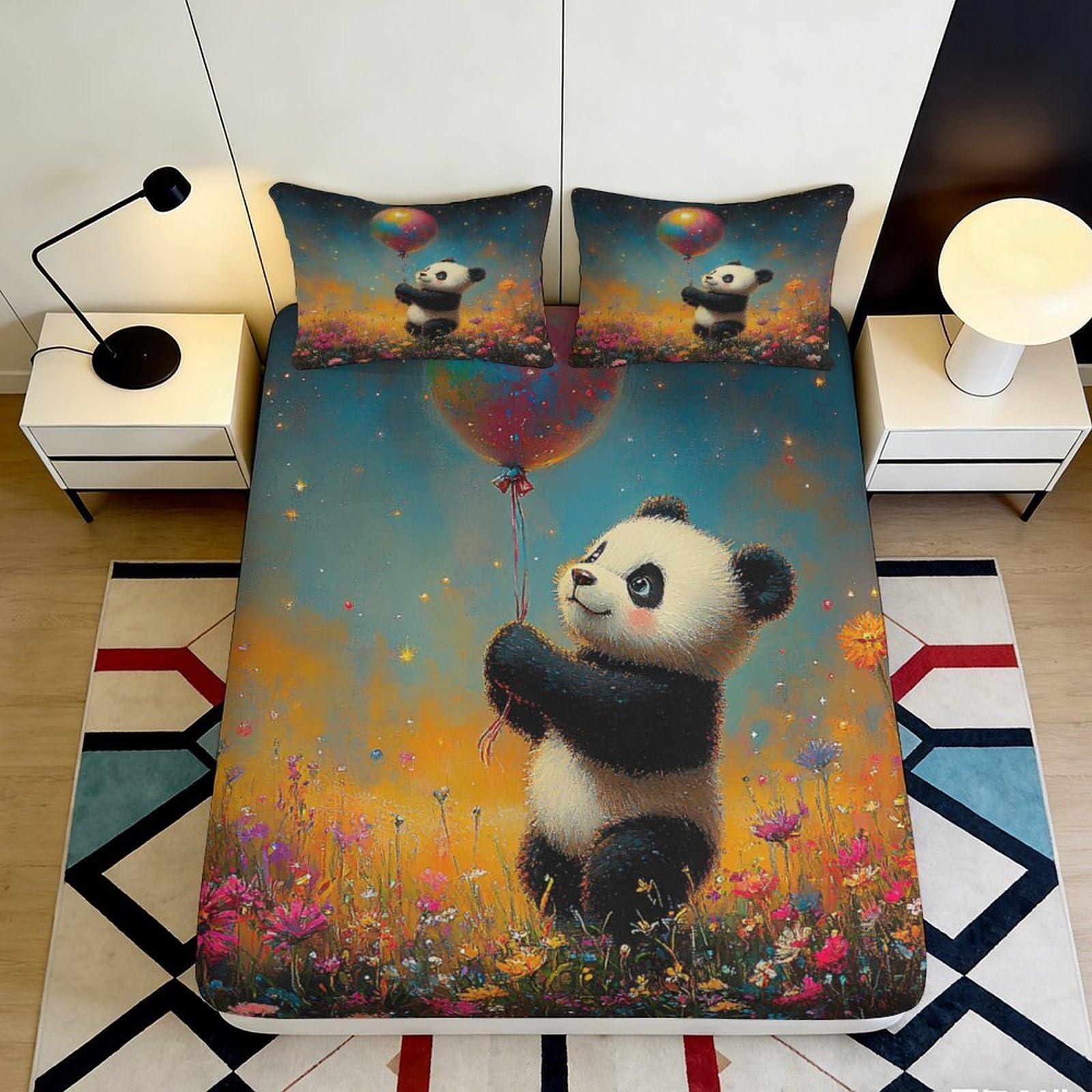 3D Printed Panda Balloon Fitted Sheet Microfiber Soft Colorful Flower Bed Cover for Bedroom Dorm Mattress Decor 90x200x25cm