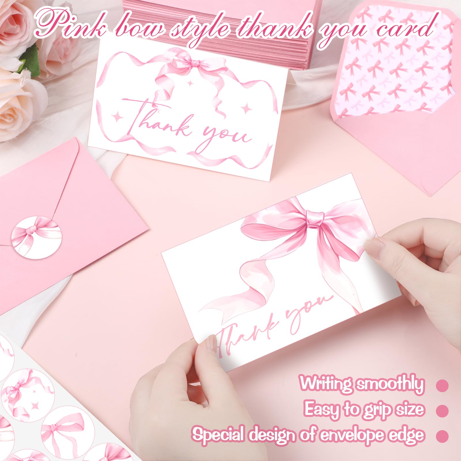 Lot de 100 cartes de remerciement avec nœuds roses et enveloppes et autocollants pour mariage, fête prénatale, fête d'anniversaire