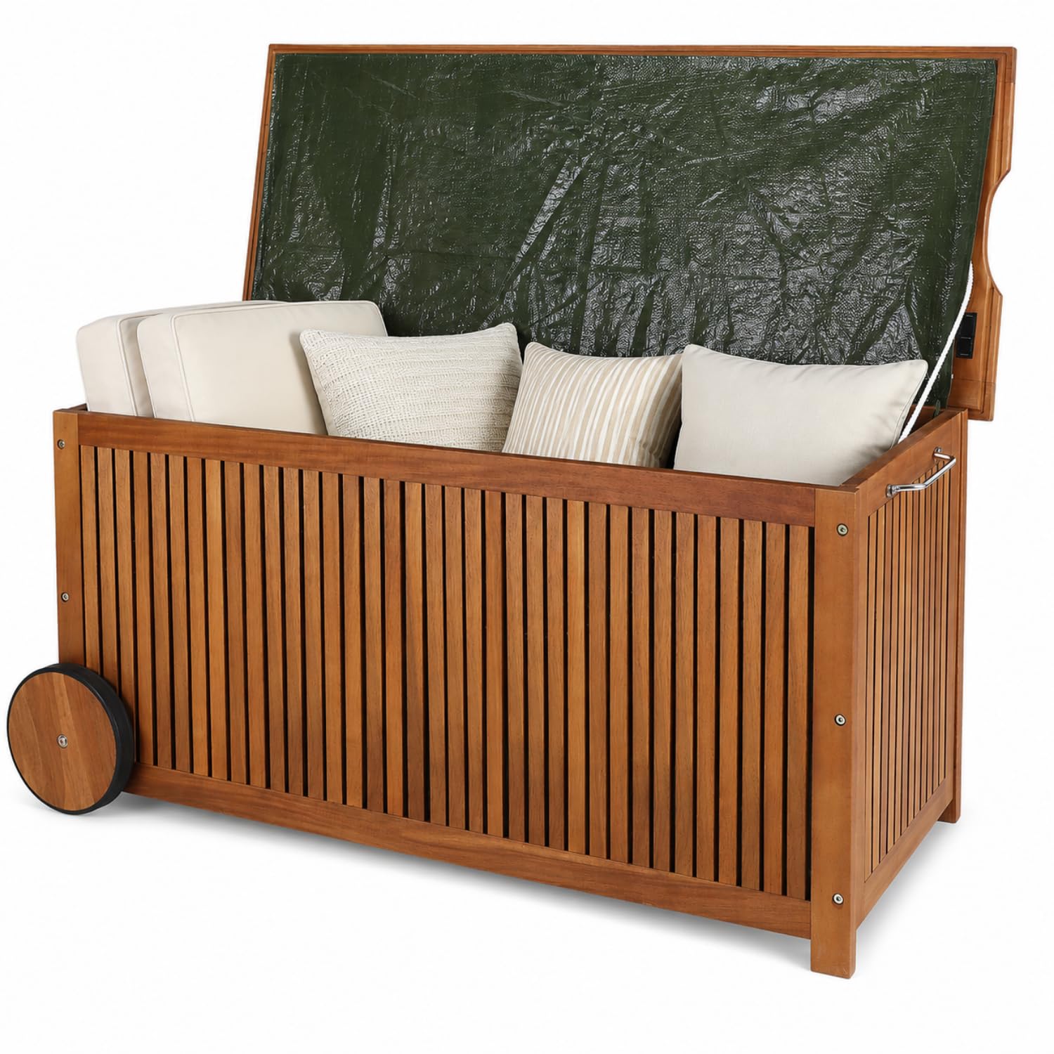 CASARIA® Wooden Garden Storage Box With Lid | Outdoor Waterproof | Pre-Oiled Acacia Wood | Inner Tarpaulin | Wood Chest For Cushions Pillows | Outdoor Garden Terrace (Storage Box & Wheels)