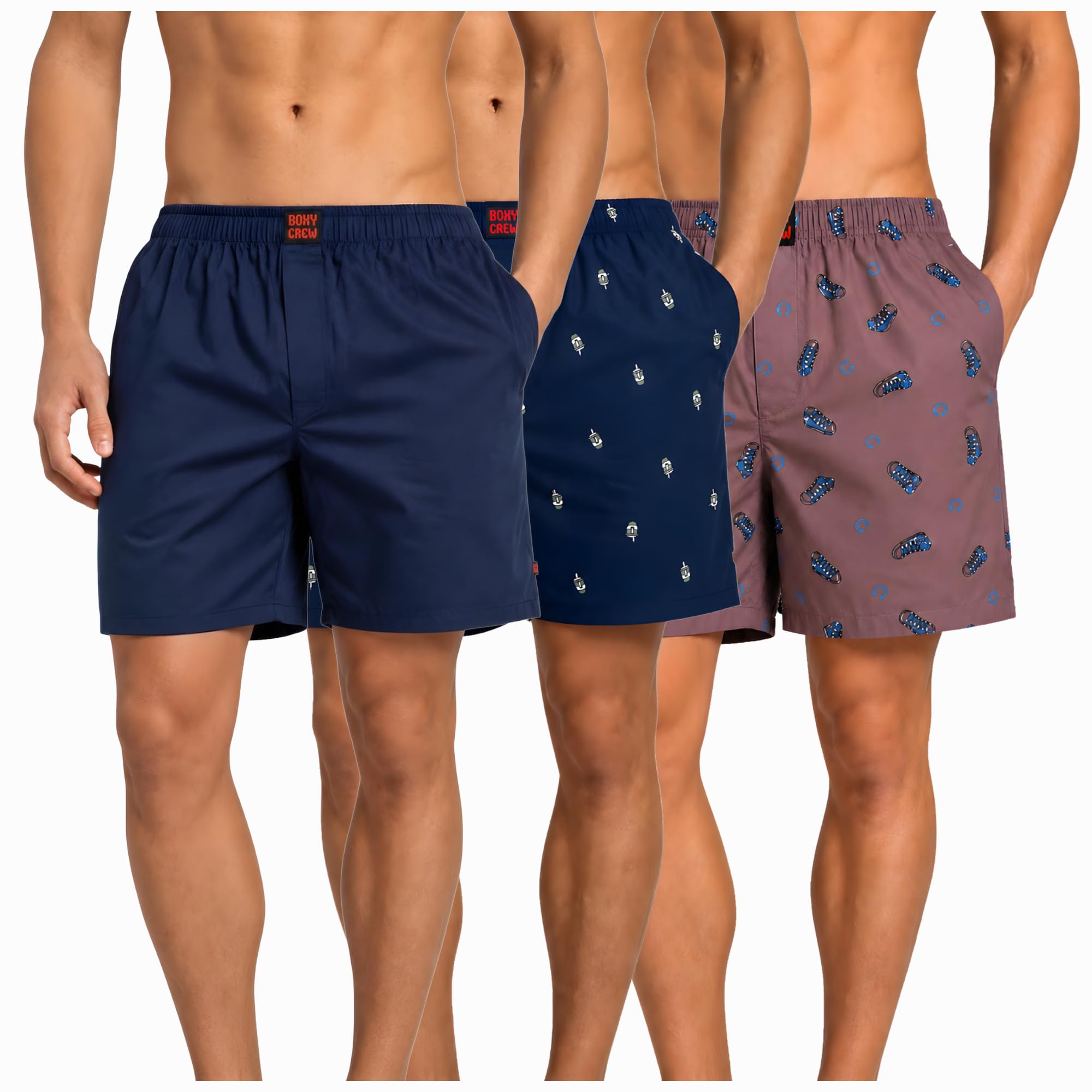 Men's 100% Cotton Boxer Shorts Pack of 3, Navy Blue, Navy Blue & Mauve | Woven Boxers with Side Pockets, No-Marks Elastic Waistband, Breathable Relaxed Fit | Style 002-011-015-image-43
