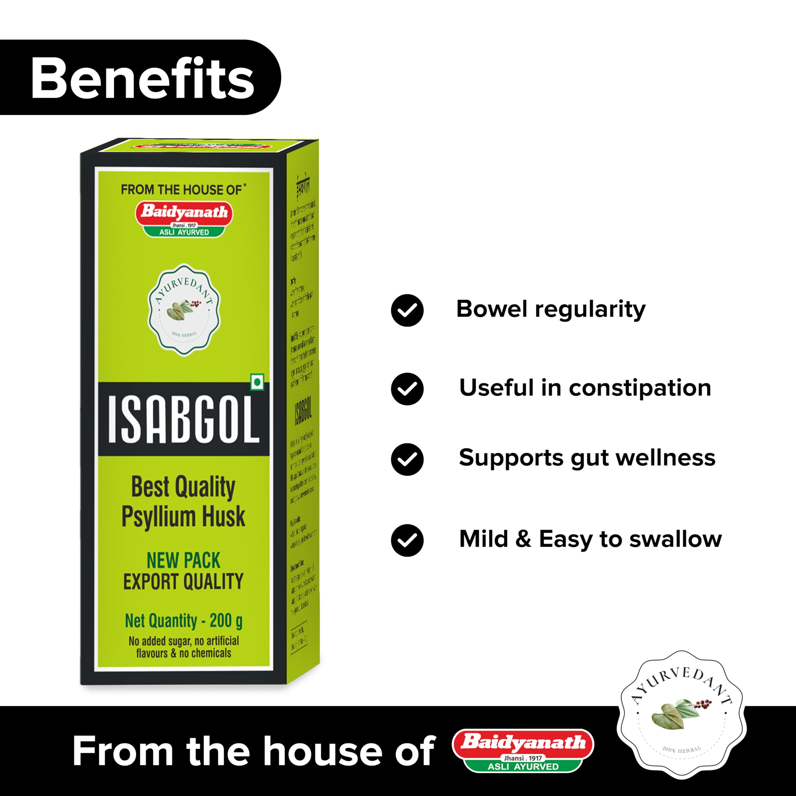 Baidyanath Ayurvedant Isabgol (Psyllium Husk) Powder | Chemical Free | No Added Sugar Or Artificial Flavour | 200g