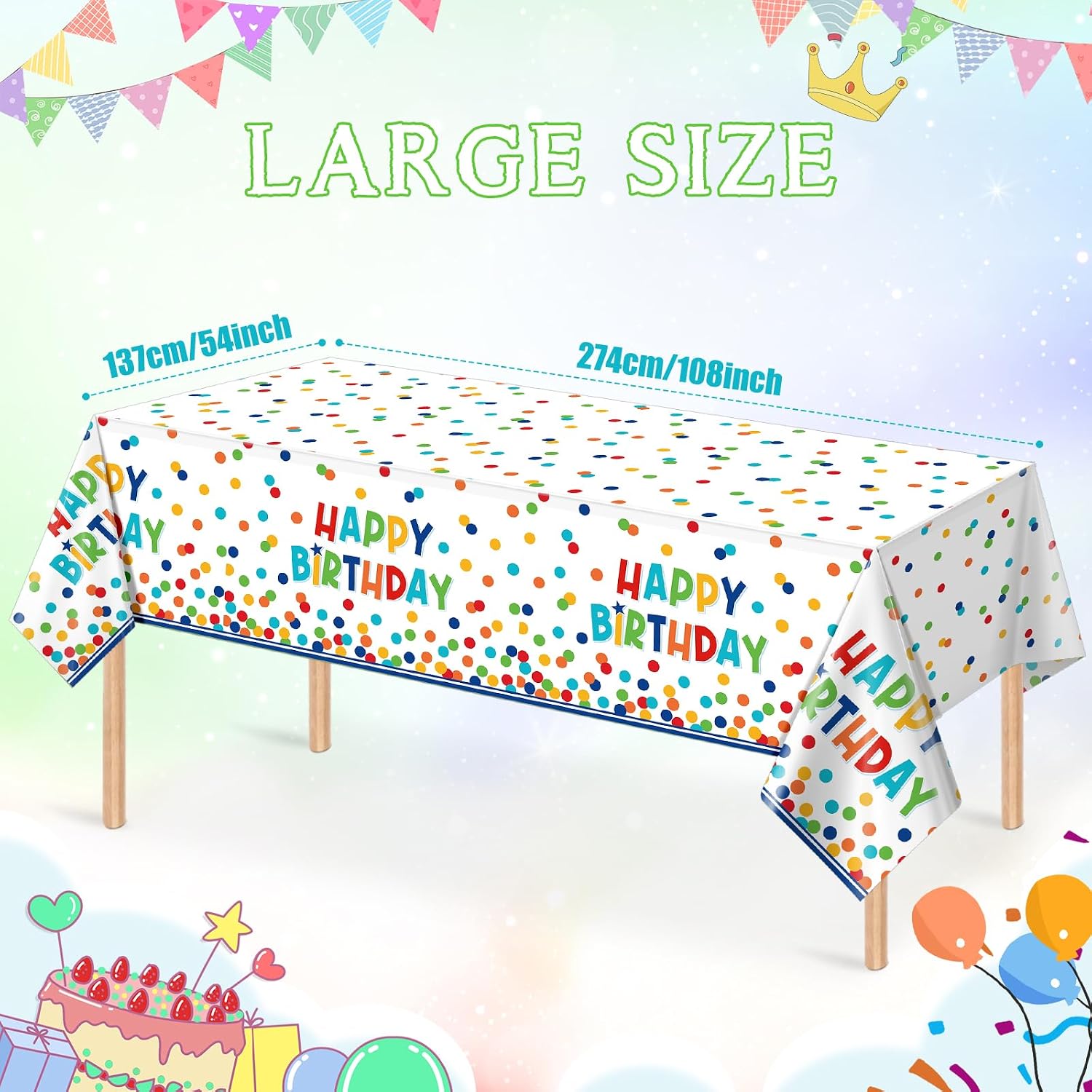 3 Pack Happy Birthday Plastic Tablecloth Decorations,Disposable Colorful Polka Dots Table Cloths,Rectangle Waterproof Table Cover for Girls Boys Birthday Baby Shower Party Decorations,54x108 Inch