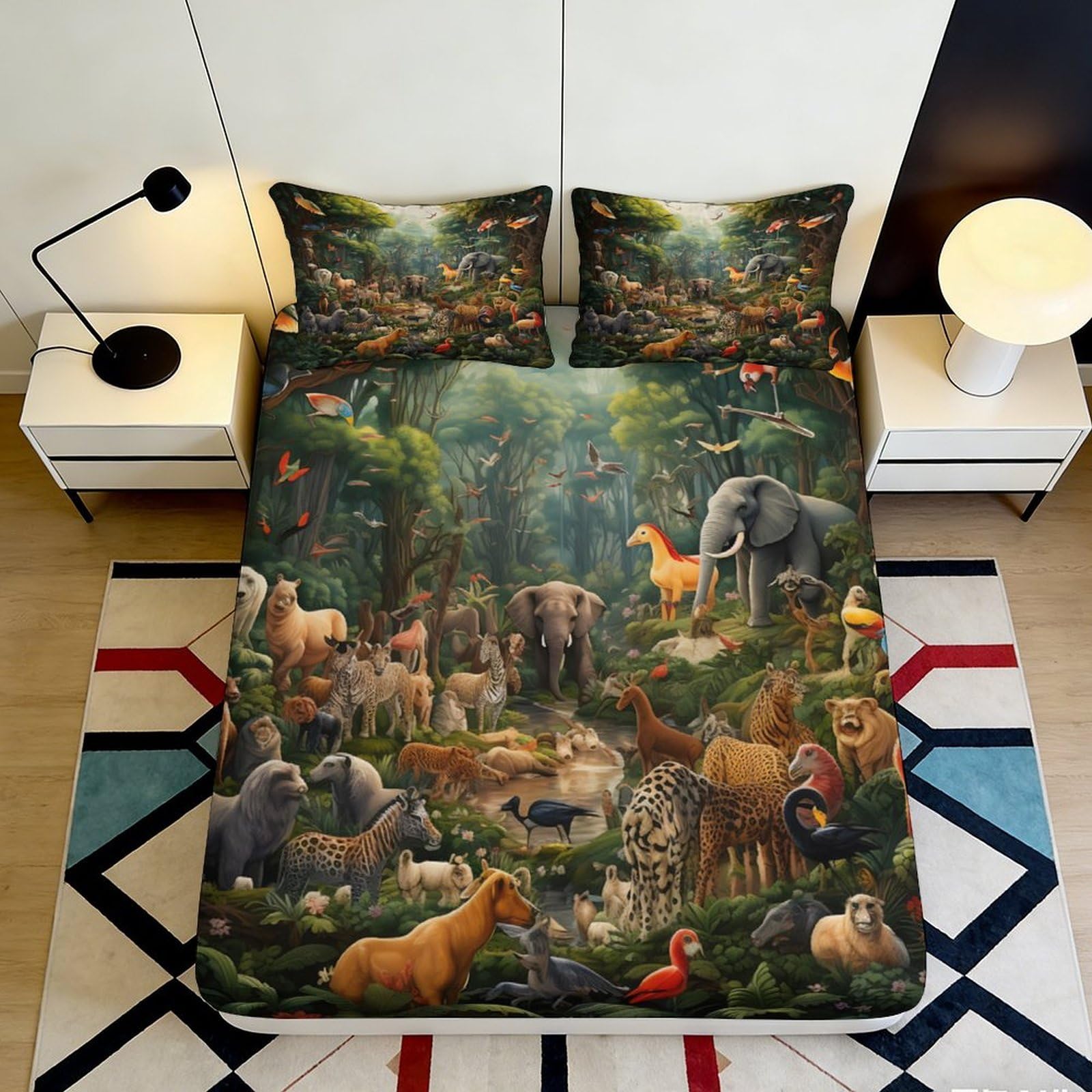 3D Printed Jungle Wildlife Fitted Sheet Microfiber Soft Anti-Slip Rainforest Animals Bed Cover for Bedroom Dorm Mattress Protection Decor 120x200x25cm