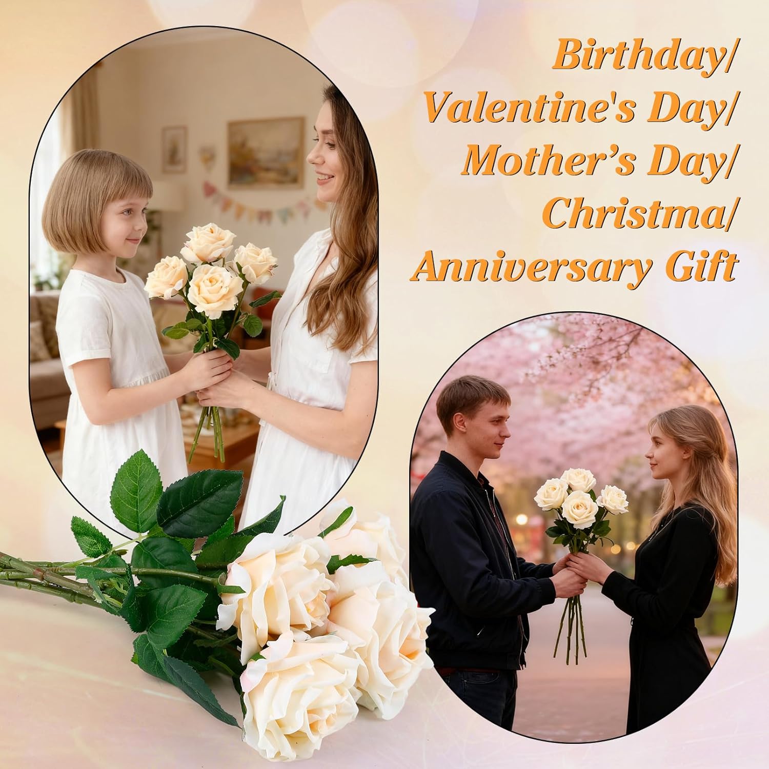 4 Pcs Rose Artificial Flowers, 17.3 Inch Fake Champagne Roses with Stems, Champagne Roses Flowers, Real Touch Artificial Flower, Rose Silk Flower for Wedding Party Home Decor - Image 3