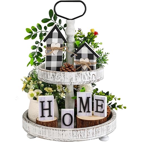 BFAZKXY 6pcs Farmhouse Tiered Tray Decor Set with Buffalo Plaid Decor for Rustic Home Kitchen Table Dining Room Decor, Home and Love Wood Sign Decor