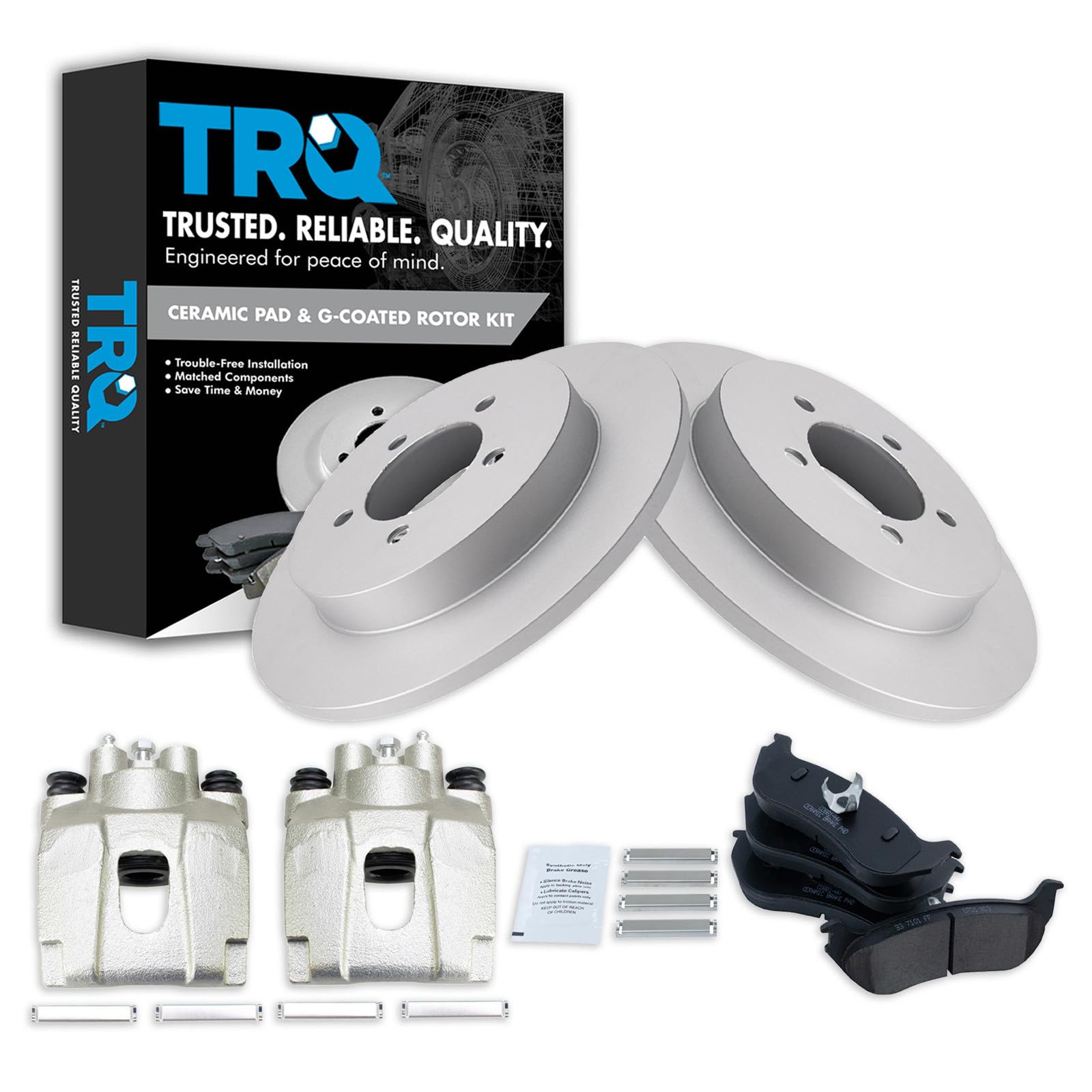 TRQ Rear Brake Pad and Rotor Set Ceramic Solid Rotors Calipers