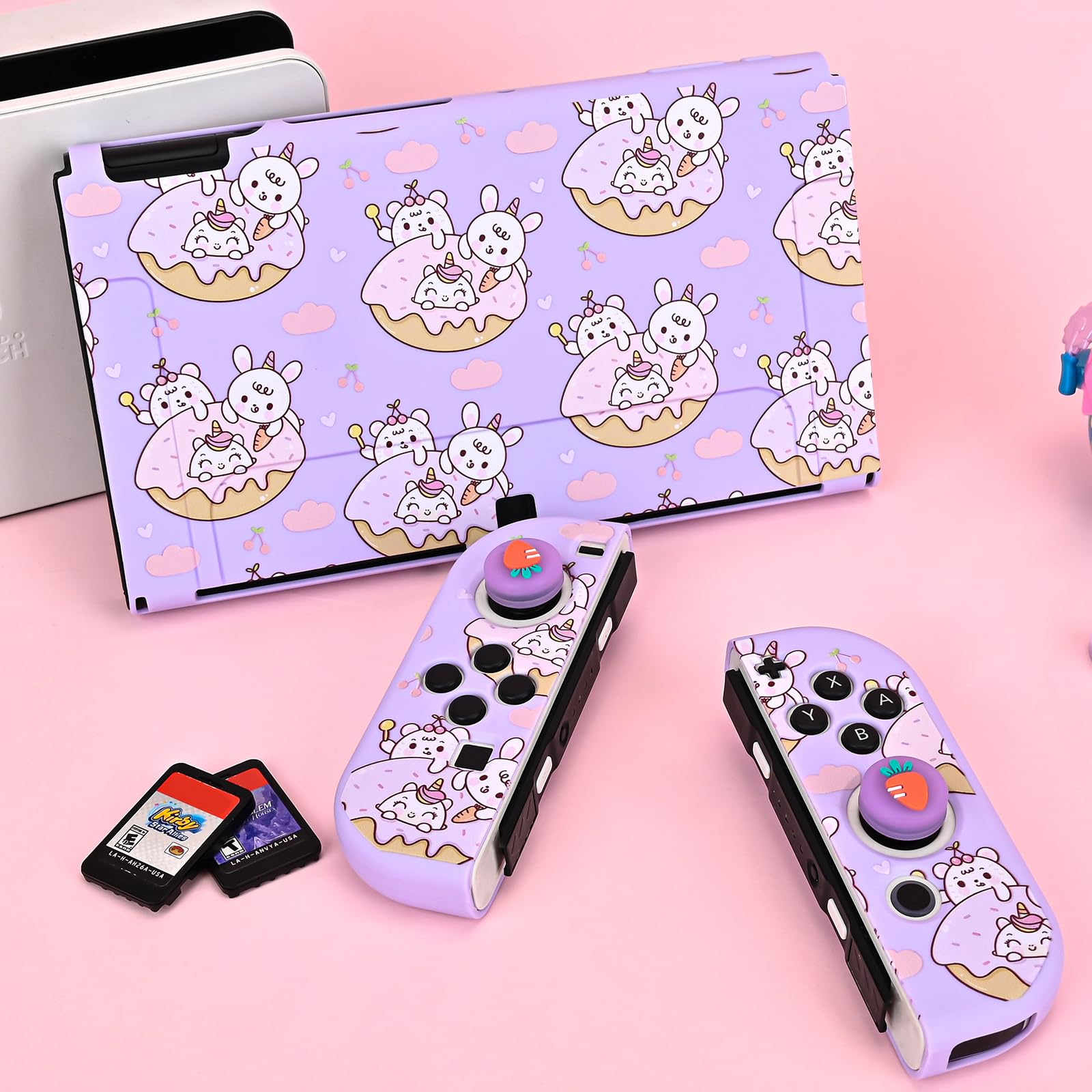 DLseego Custodia protettiva per Switch OLED, adorabile Cover Switch OLED in morbido silicone agganciabile con 2 Joycon cover e 2 Copri levette analogiche luminose,Viola