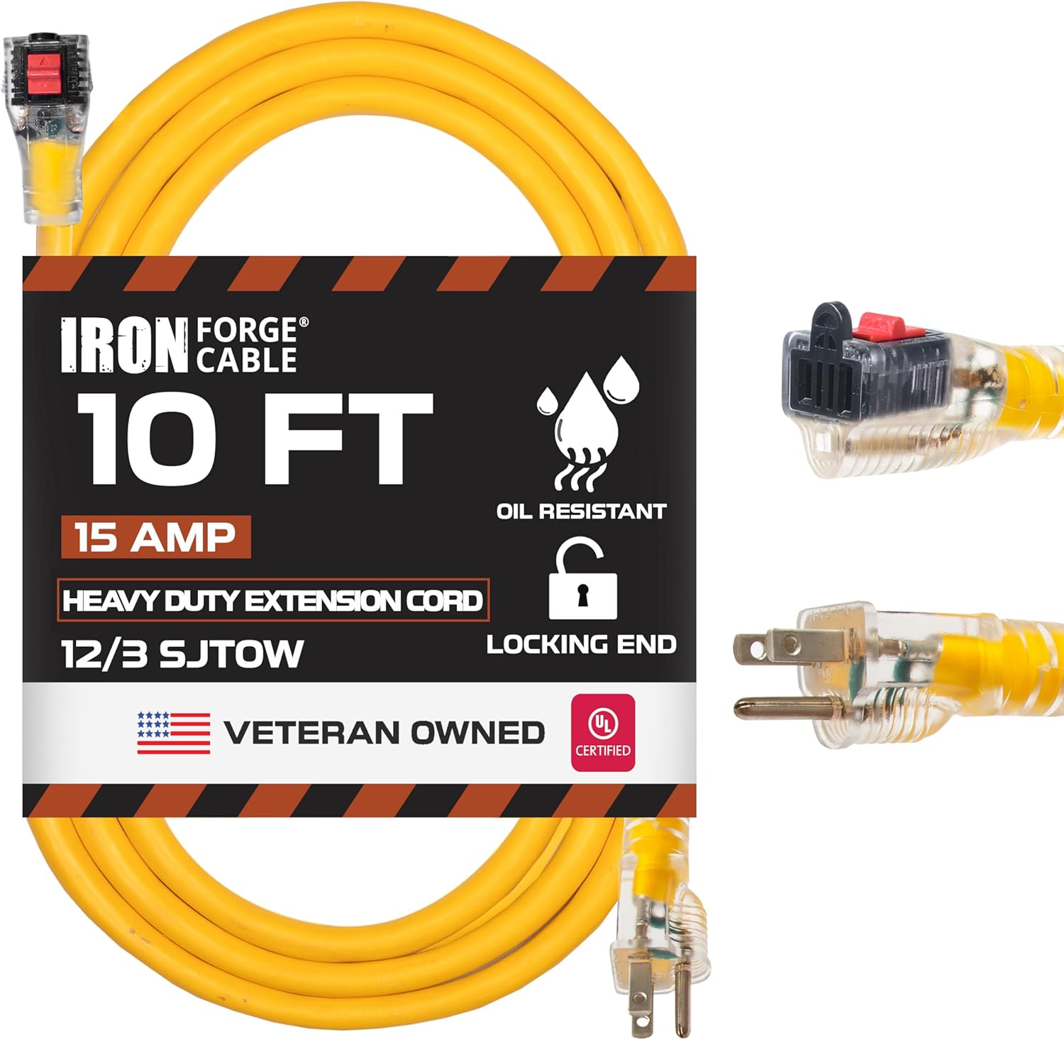 Iron Forge Cable Oil Resistant 12 Gauge Outdoor Extension Cord 10 ft with Locking Ends - 12/3 Heavy Duty Extension Cord Outdoor 3 Prong, Yellow Cable 15 Amp