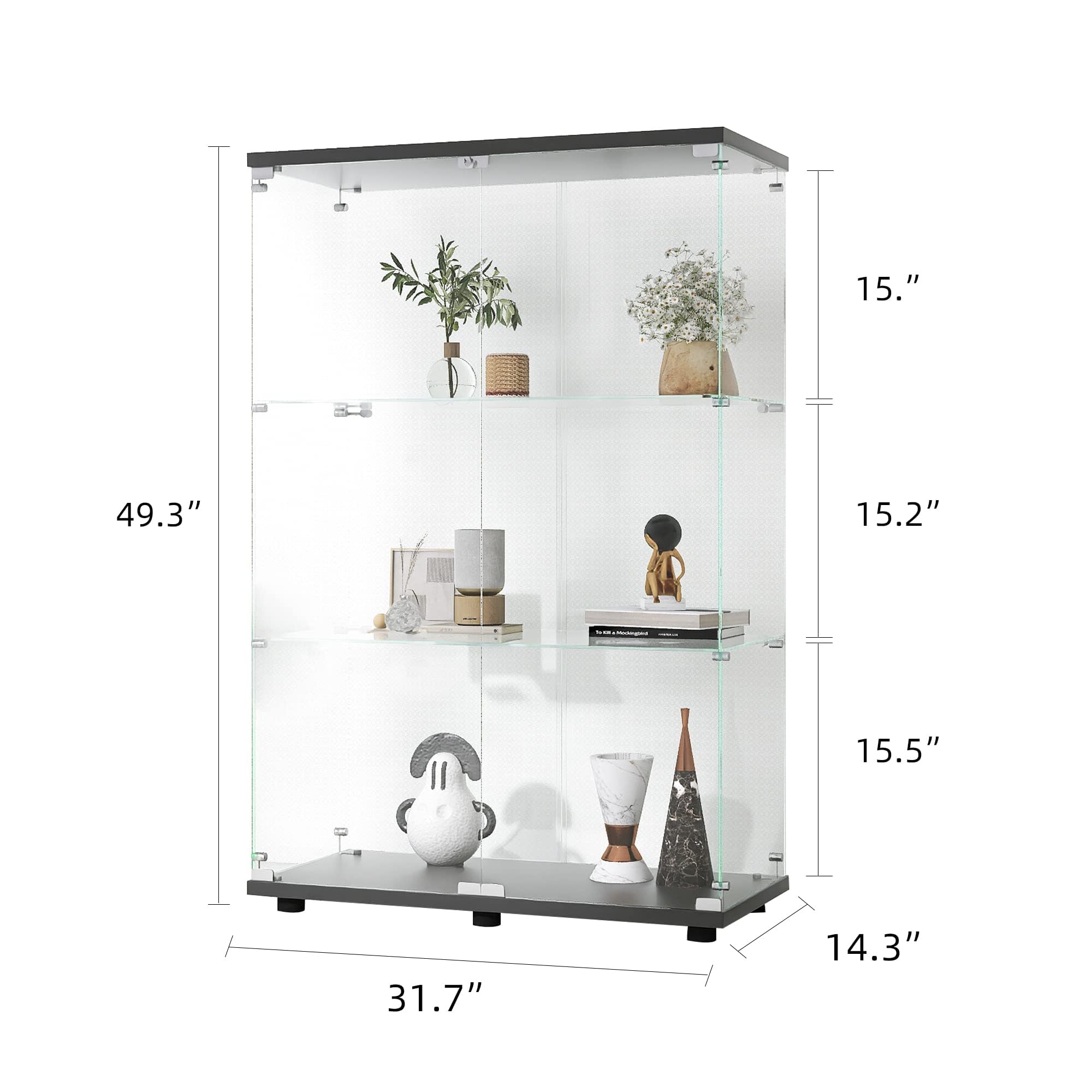 Vitrina De Vidrio Templado De 3 Niveles Con Cerradura | 36x42x125 Cm, MDF De 30 Mm, Diseño Sin Marco, Fácil Montaje, Para Coleccionables