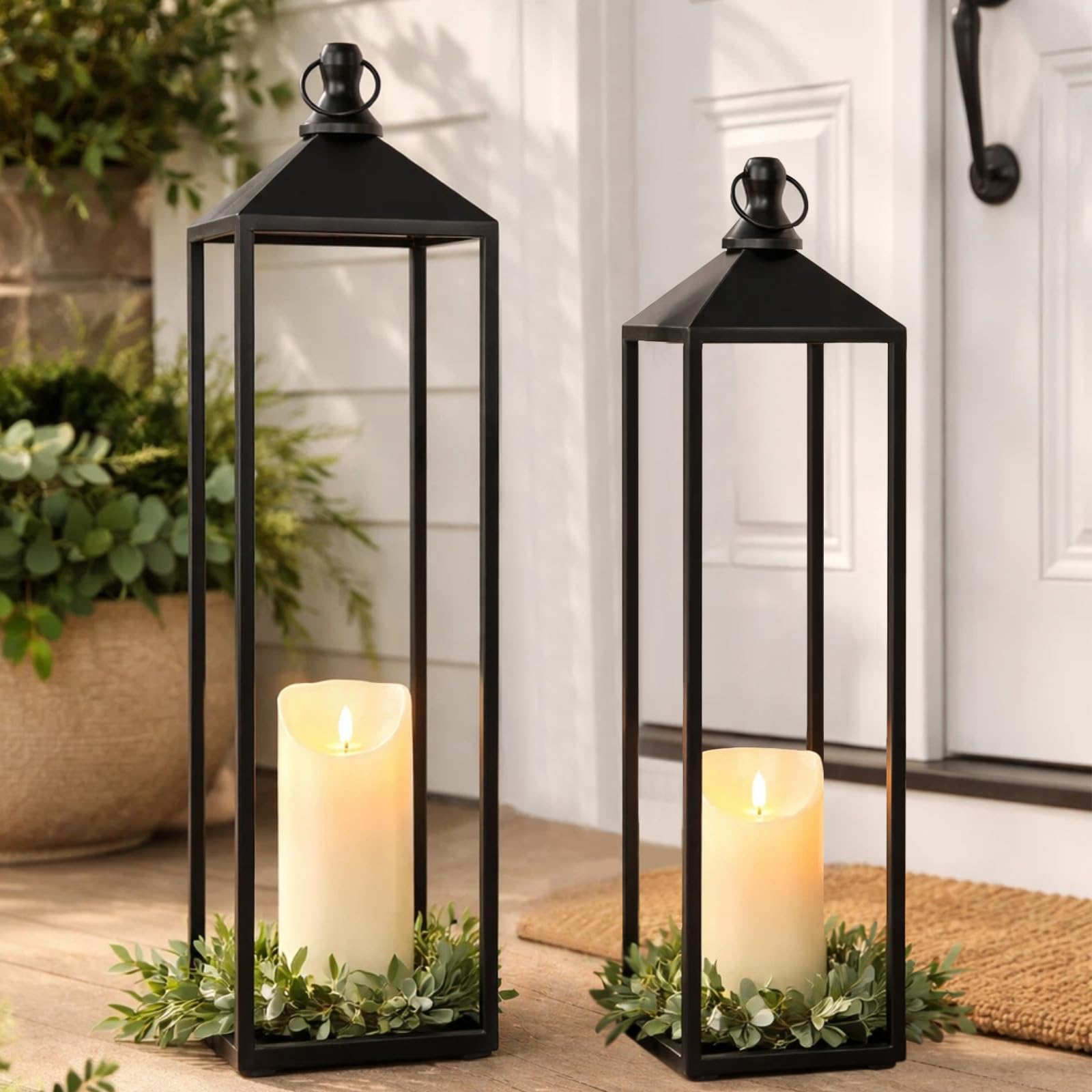 22'' 19'' large lanterns decorative outdoor indoor, set of 2 black metal candle lanterns modern farmhouse floor lanterns decorative for home decor, mantle, fireplace, patio, porch, garden
