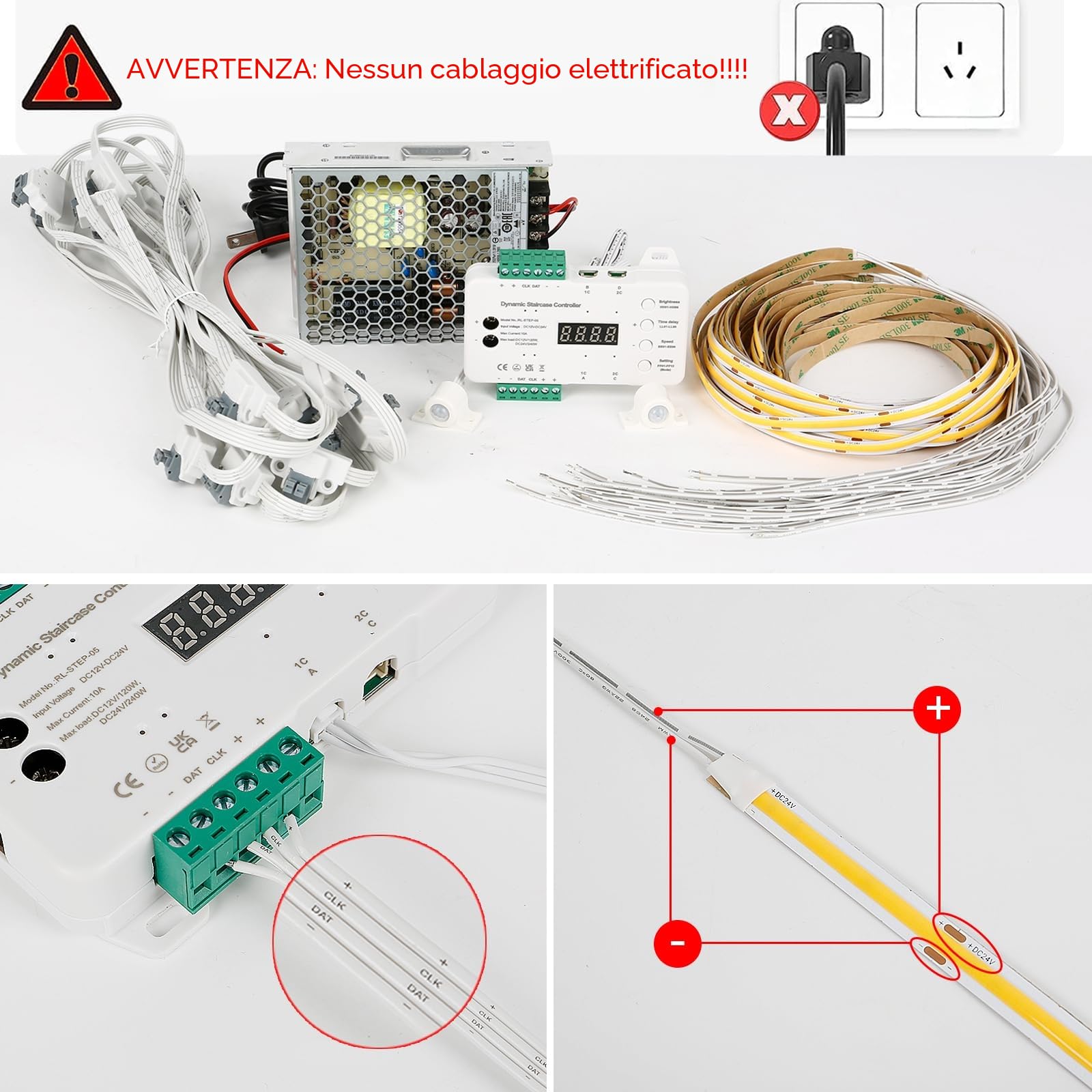Illuminazione a LED per gradini, 12 V/24 V, 16 passi, RL-STEP-05, controllo dinamico dell'illuminazione delle scale, set completo con alimentatore di rete da 100 W e striscia luminosa COB