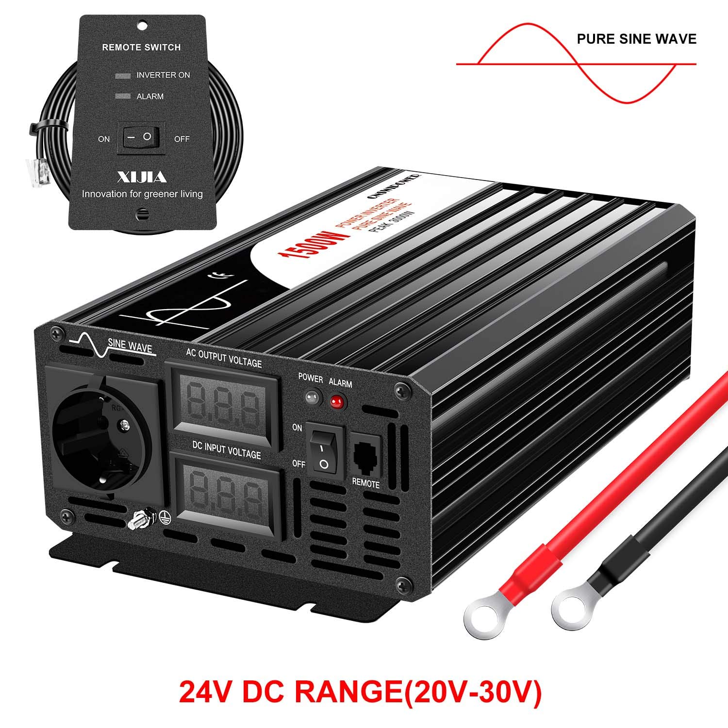 CNSWIPOWER 1500W (picco 3000W) Inverter di potenza a onda sinusoidale pura DC a AC 230V 50Hz convertitore solare per uso domestico auto (DC 24V (Gamma 20V-30V) 1500W)
