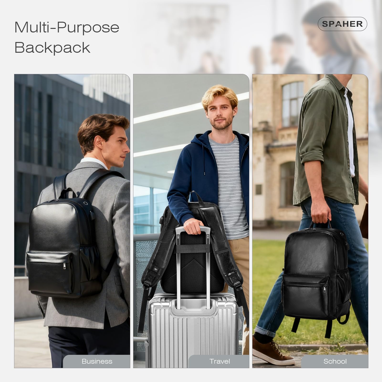 SPAHER Zaino di Pelle Zaino 40x30x20 Wizzair Zaino Uomo Pelle Zaino da Viaggio Zaino Porta PC 15,6 Pollici Laptop Zaino Antifurto Impermeabile Borsa da Scuola Portatile per Uomo Donna Regalo