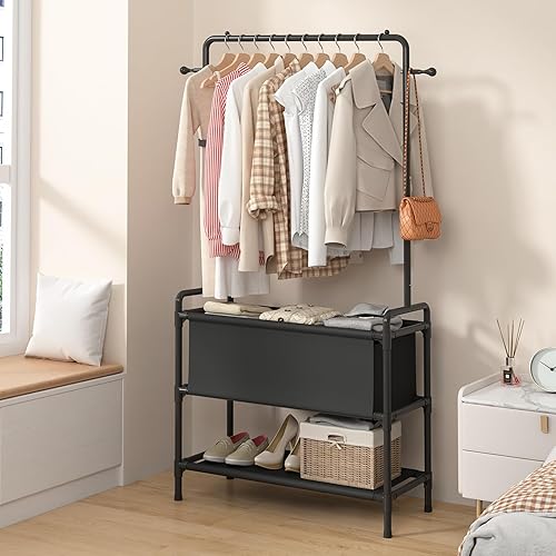 Miniatura 4 de Calmootey Perchero con bolsa de almacenamiento, estante 3 en 1, estantes no tejidos para zapatos, perchero para dormitorio, pasillo, entrada, blanco