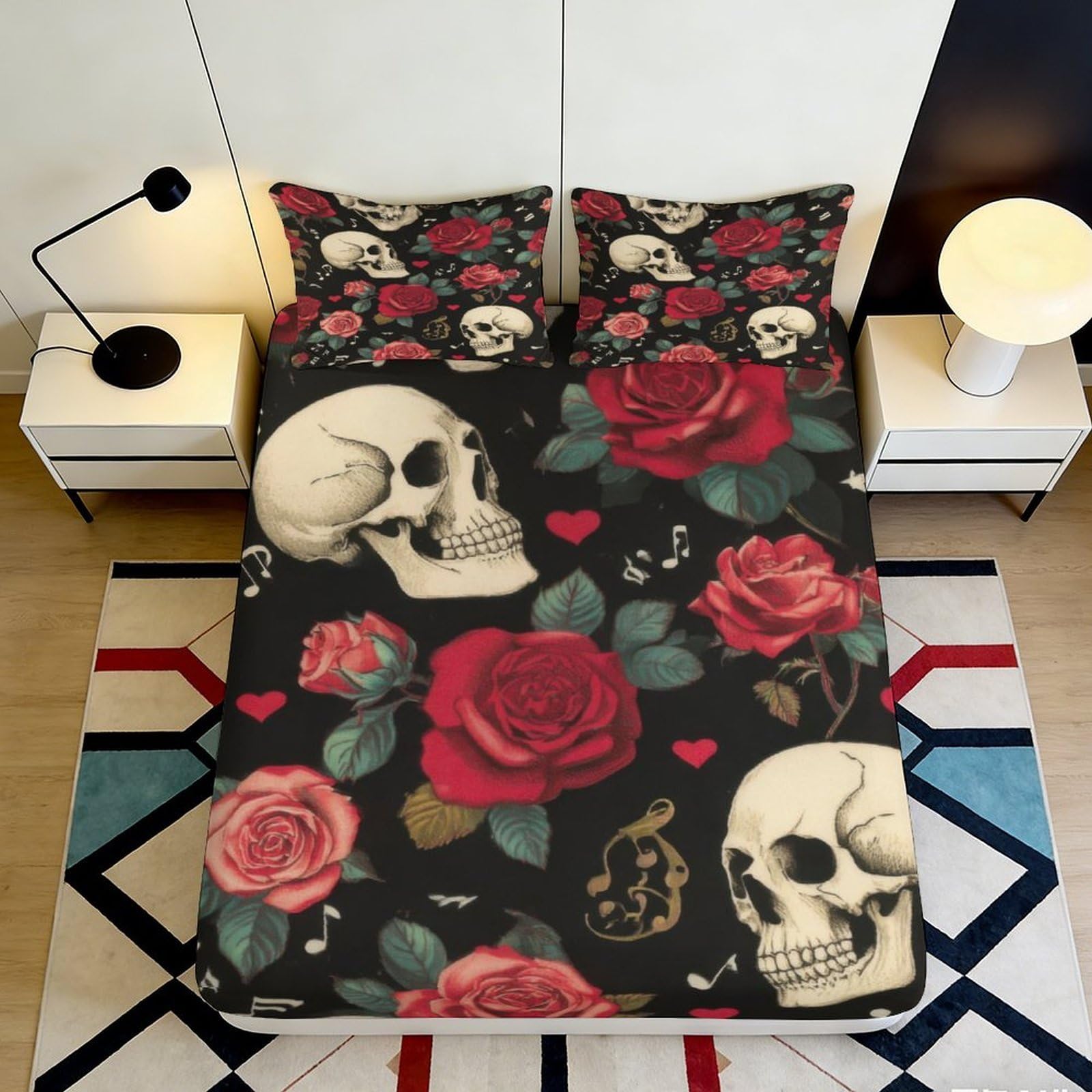 3D Printed Skull Rose Fitted Sheet Microfiber Soft Anti-Slip Mattress Cover Gothic Floral Bed Decor for Bedroom Guestroom 90x200x25cm