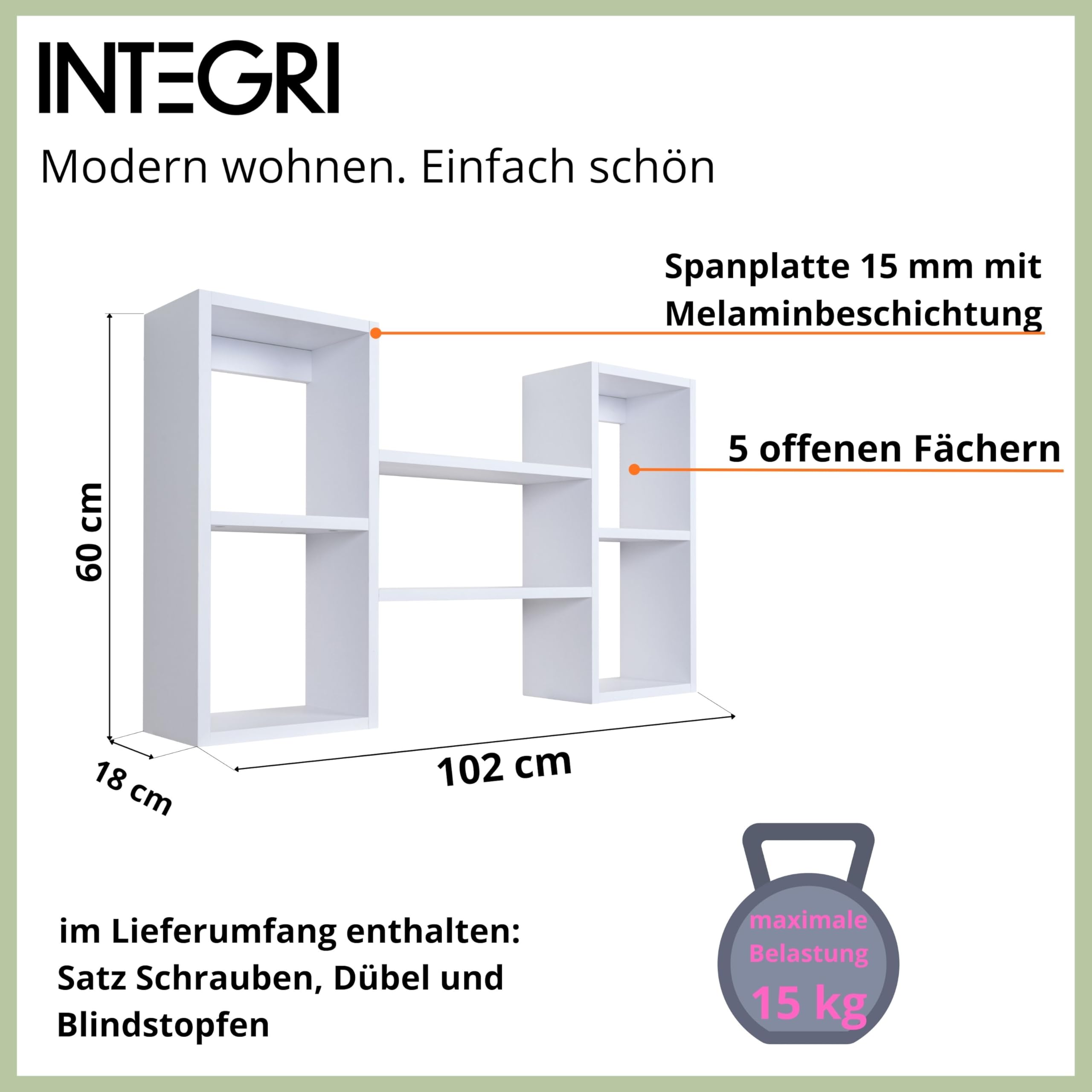 Bücherregal - Wandregal - Hängeregal - Schweberegal - Würfelregal 102x60x18 cm, Regal schmal - Deko Wohnzimmer - Regal Weiß - Regale für Küche, Badezimmer, Wohnzimmer, Schlafzimmer - FTS 1
