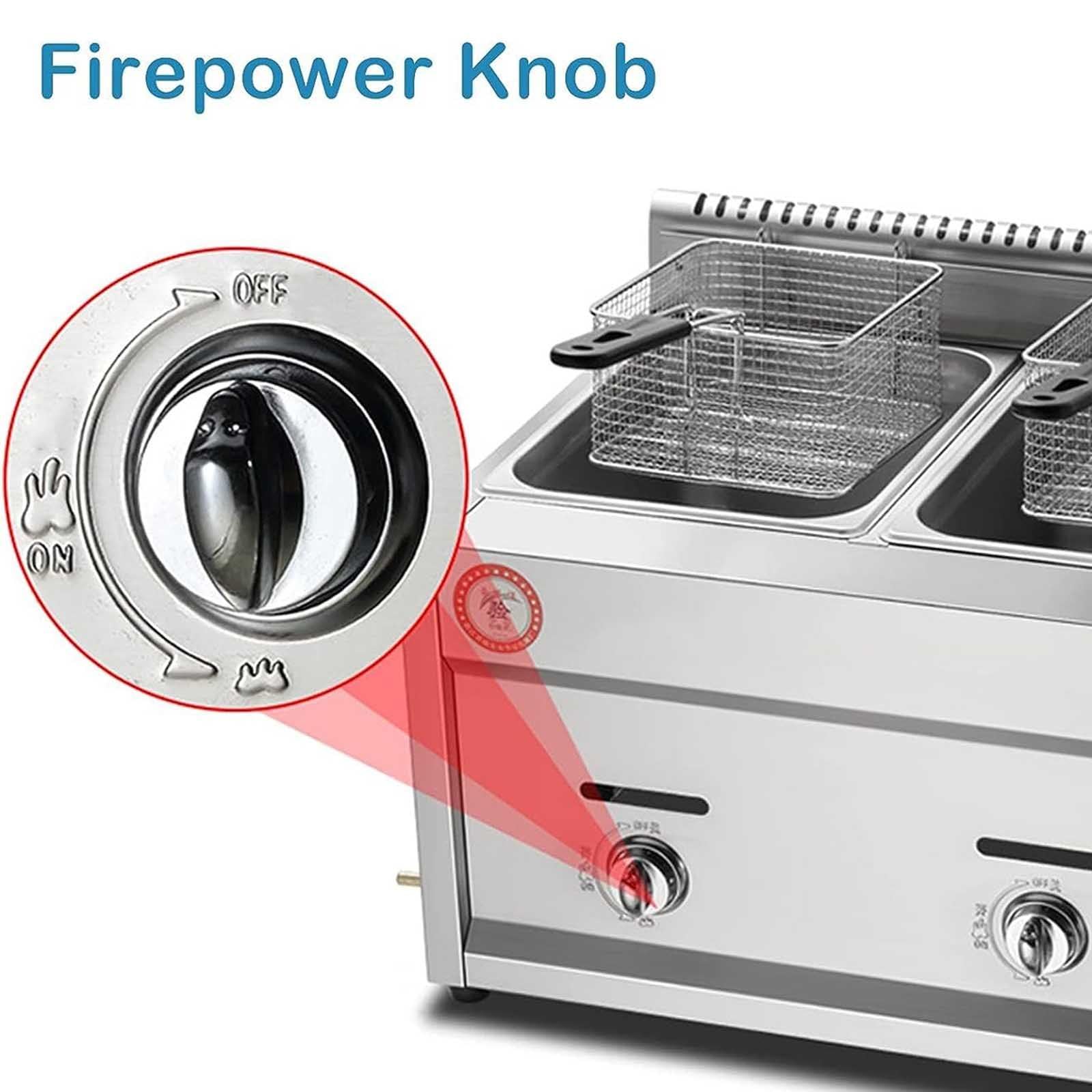 Freidora de gas comercial, encimera de acero inoxidable con cesta y tapa, tanques dobles de 9 litros, control de temperatura ajustable para papas fritas de restaurante