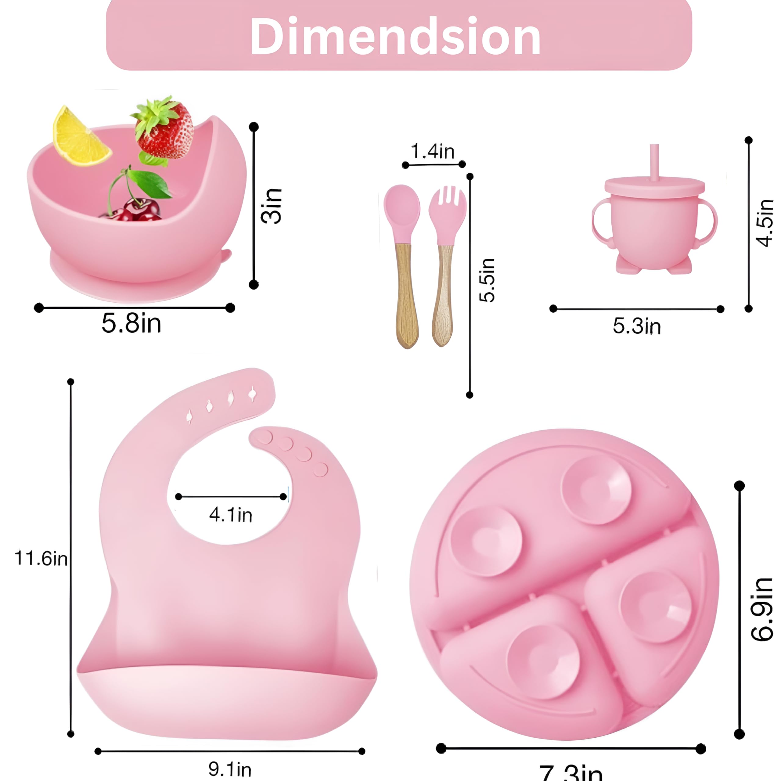 SHIKSHA PATRI 6PCS Silicone Baby Feeding Set – Suction Plate, Bowl   , Bib, Spoon, Fork, Cup – BPA-Free, Non-Toxic, Microwave & Dishwasher Safe for Toddlers 6+ Months (Pastel Pink) - Image 2 thumbnail